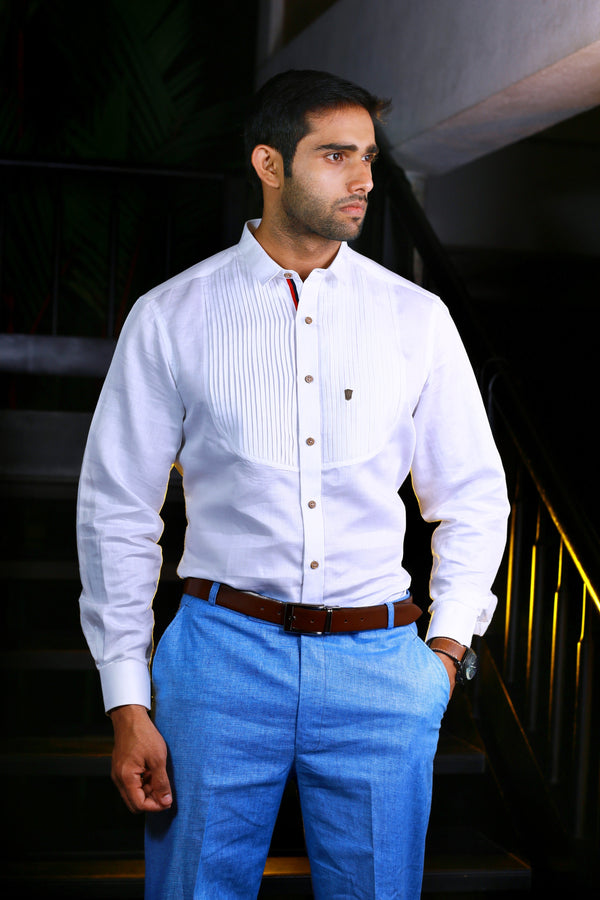 Dove White Vertical Pleated Pattern Shirt  (Shirt + Light Blue Linen Pants)