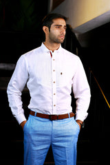 Dove White Vertical Pleated Pattern Shirt  (Shirt + Light Blue Linen Pants)