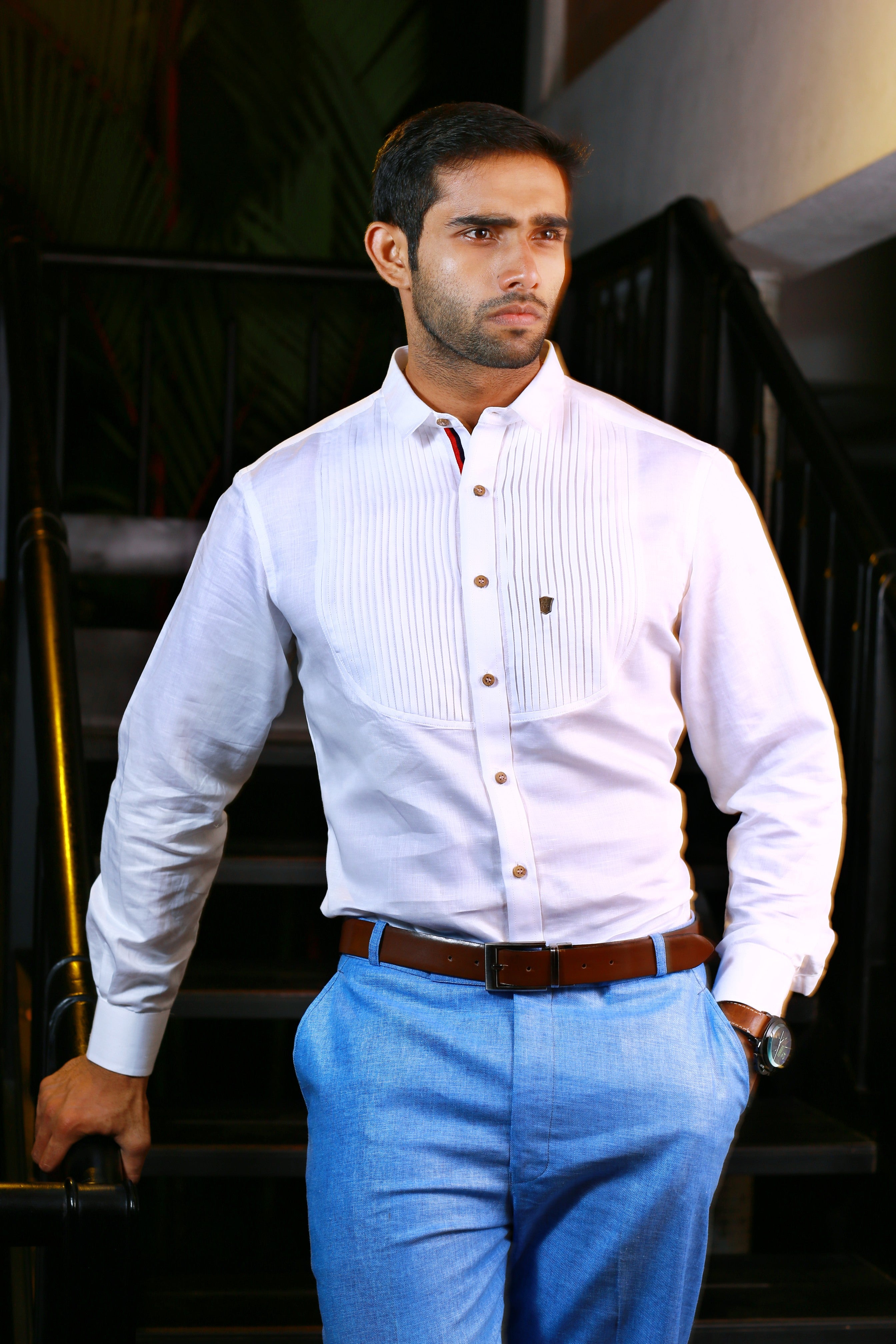 Cornflower Linen 2 Piece Suit Set with White Pleated Shirt