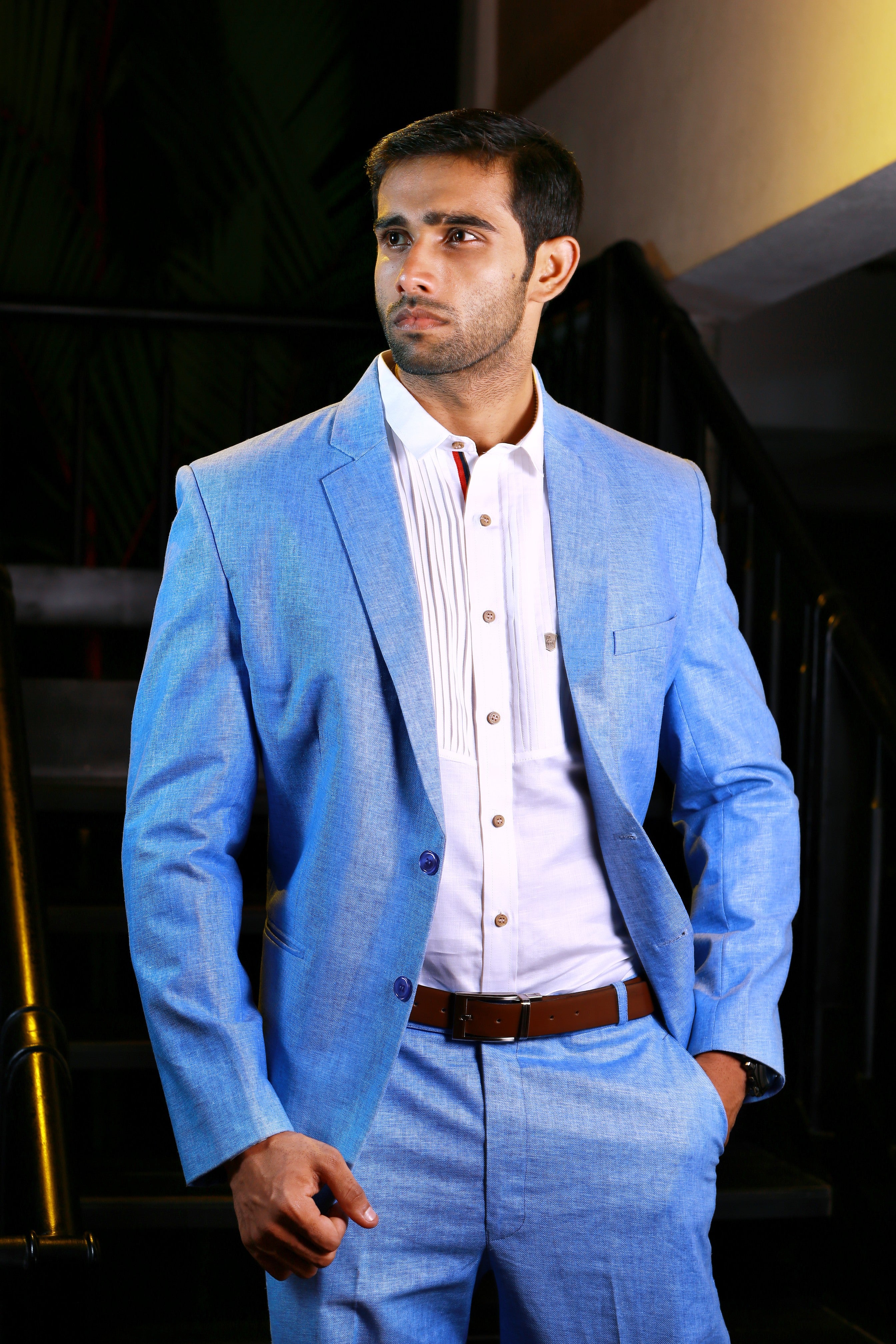Cornflower Linen 2 Piece Suit Set with White Pleated Shirt