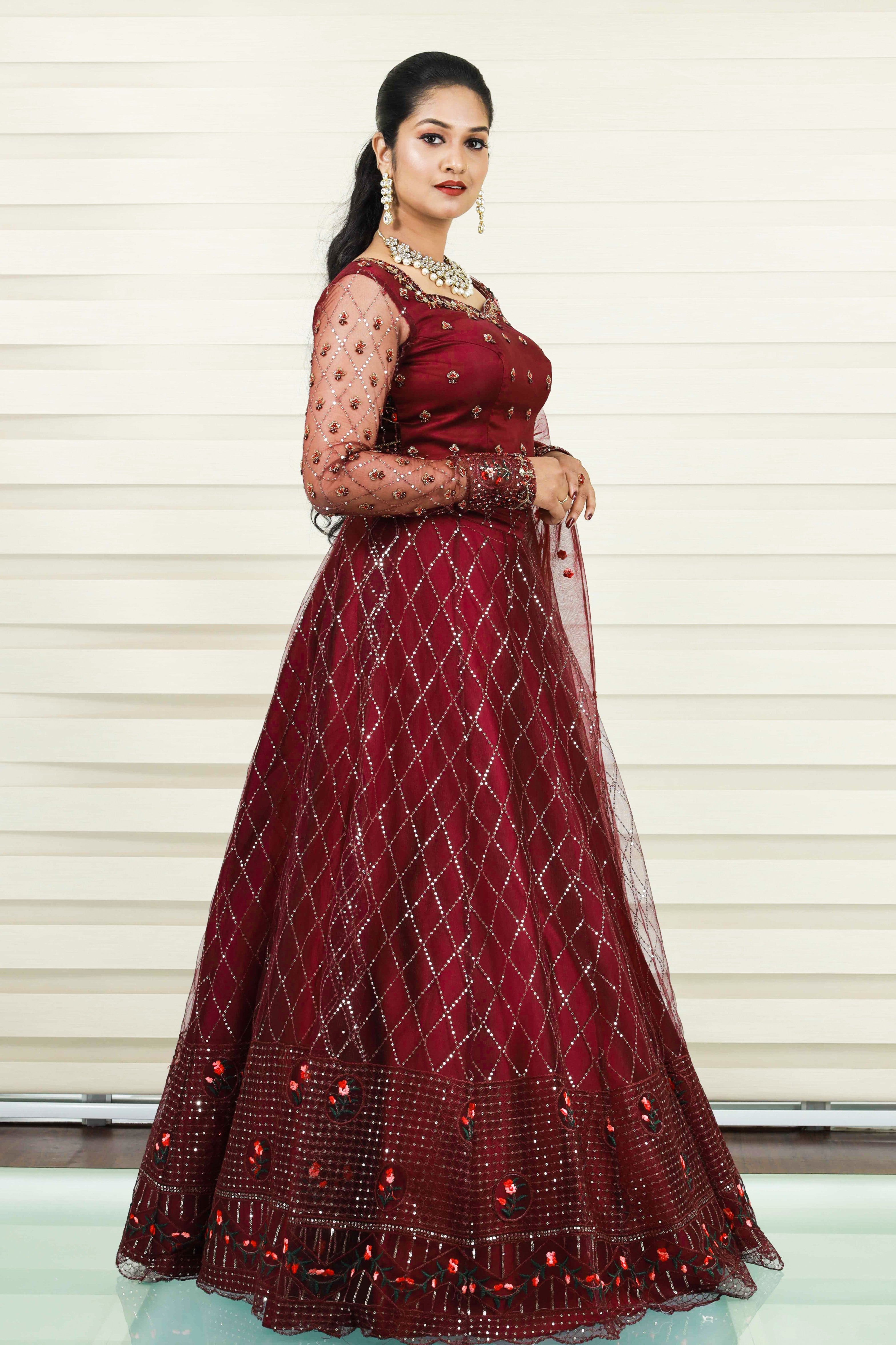 Wine Red Wide Sweet Heart Neck Lehenga Detailed with Muliti Color French Knots & Zardozi