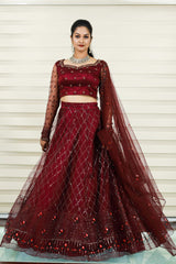 Wine Red Wide Sweet Heart Neck Lehenga Detailed with Muliti Color French Knots & Zardozi