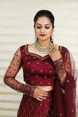 Wine Red Wide Sweet Heart Neck Lehenga Detailed with Muliti Color French Knots & Zardozi