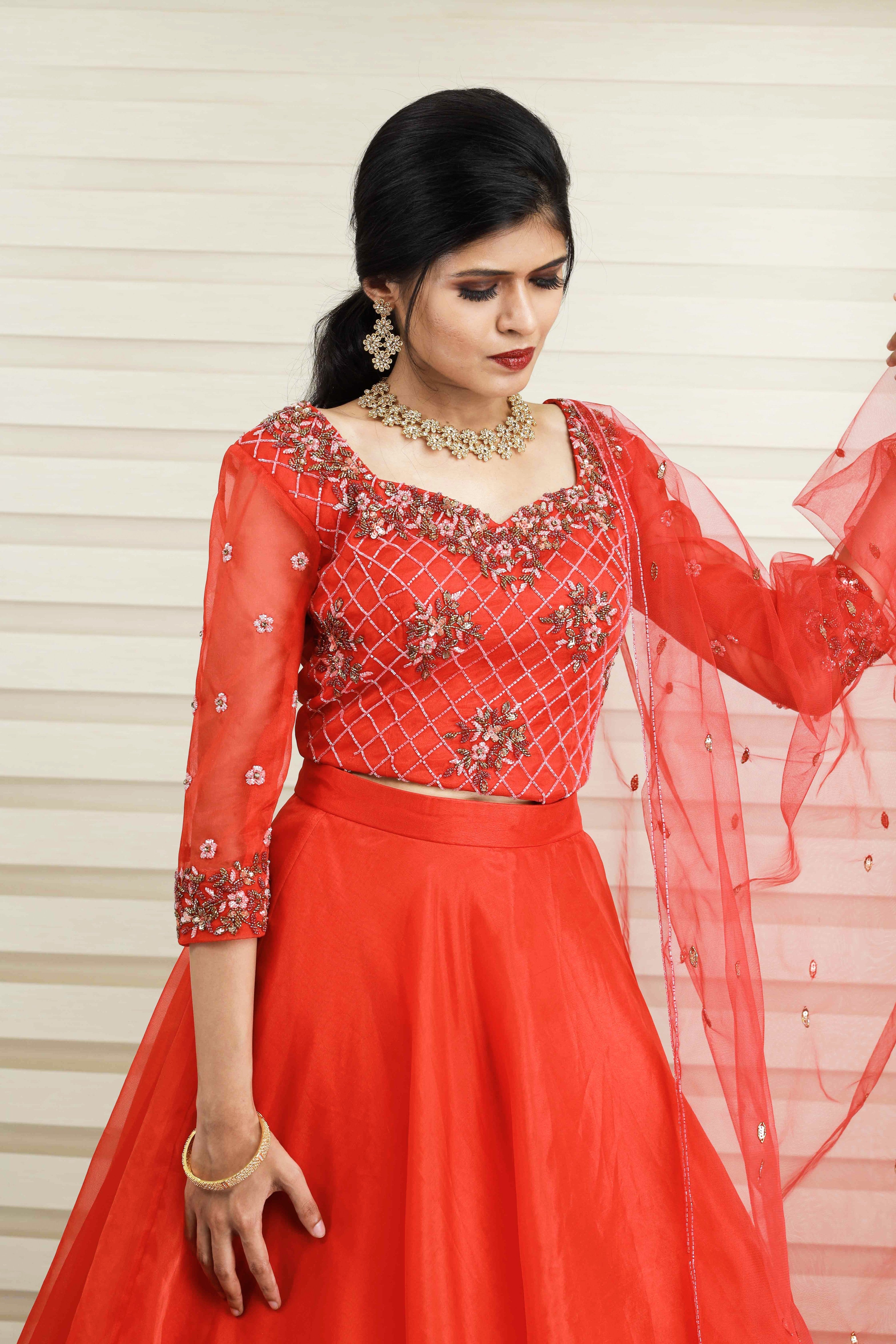 Candy Red Lehenga Detailed with Golden Geometrical Floral Embroidery
