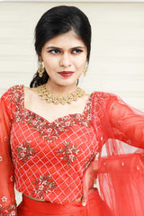 Candy Red Lehenga Detailed with Golden Geometrical Floral Embroidery