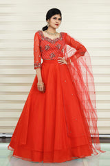 Candy Red Lehenga Detailed with Golden Geometrical Floral Embroidery