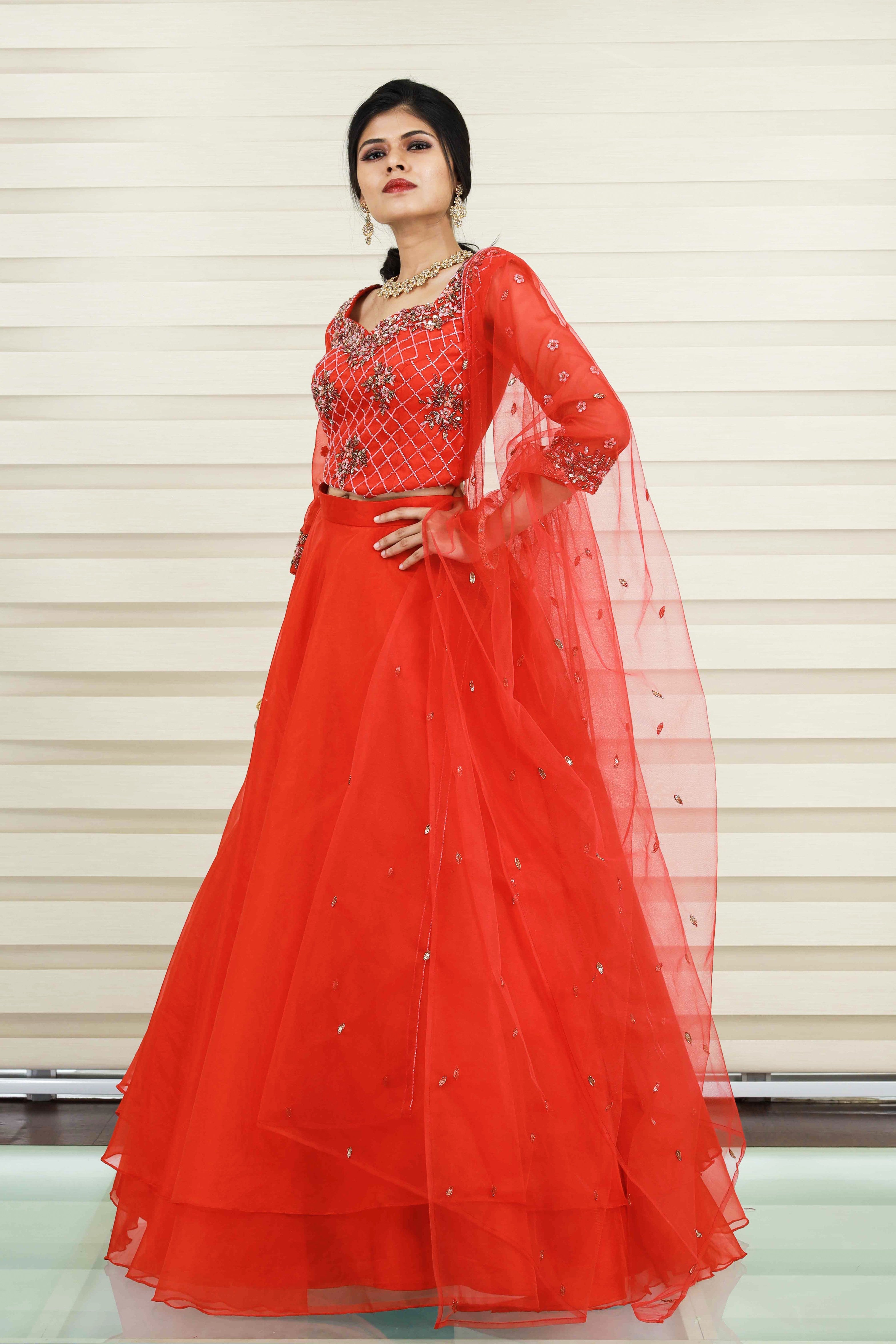 Candy Red Lehenga Detailed with Golden Geometrical Floral Embroidery