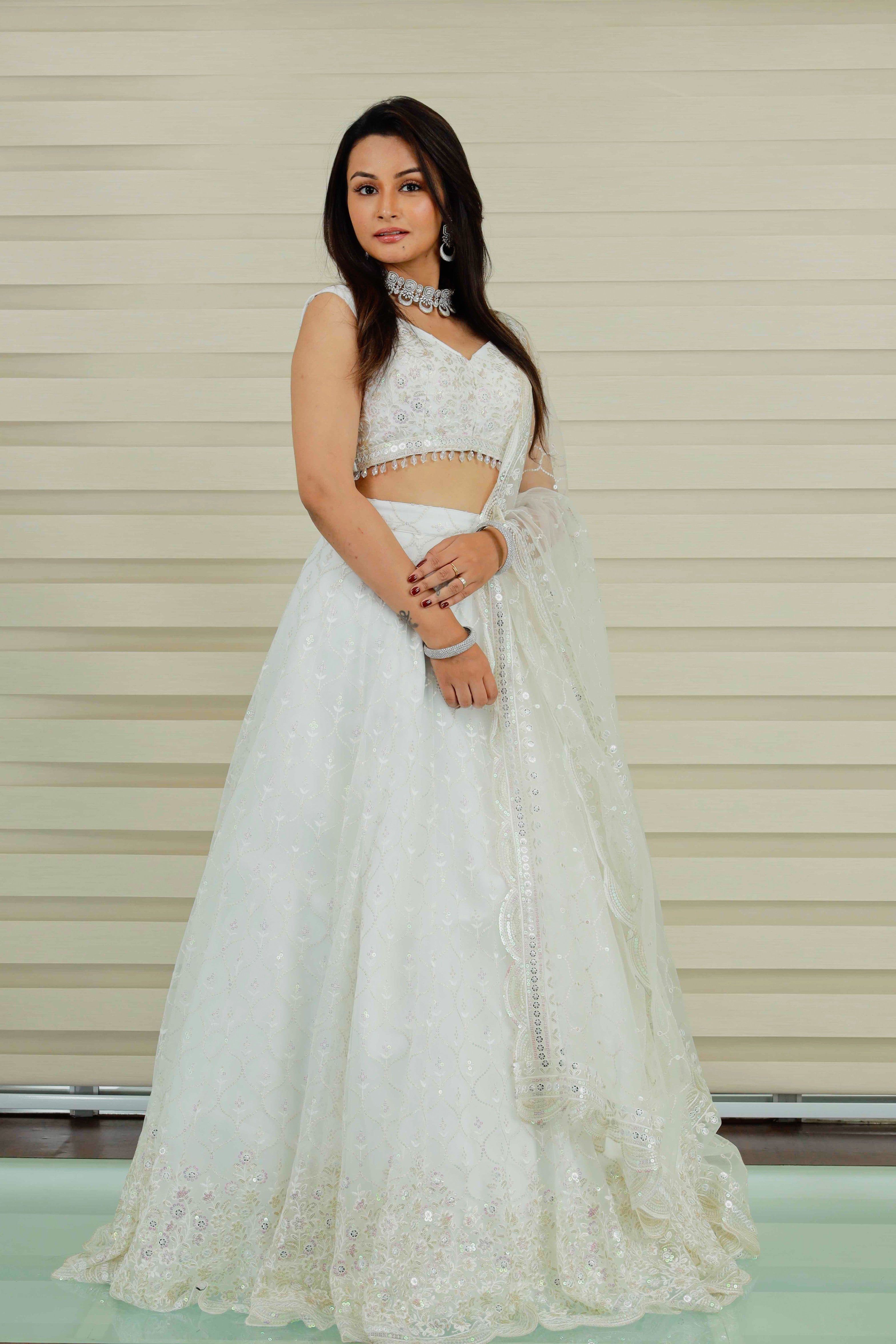 Snow White Hue Lehenga Detailied in Golden Dabka Embroidery & Thread work