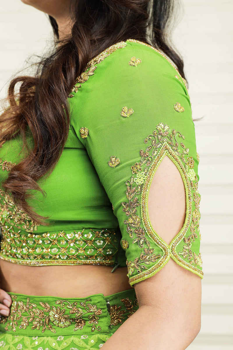 Sheen Green Bridal Lehenga detalied in Golden Zardozi Handwork & Thread Work