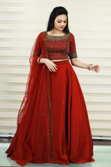 Heavy Ruby Red Lehenga with Cut Bead Embroidery & Real Mirror Highlights