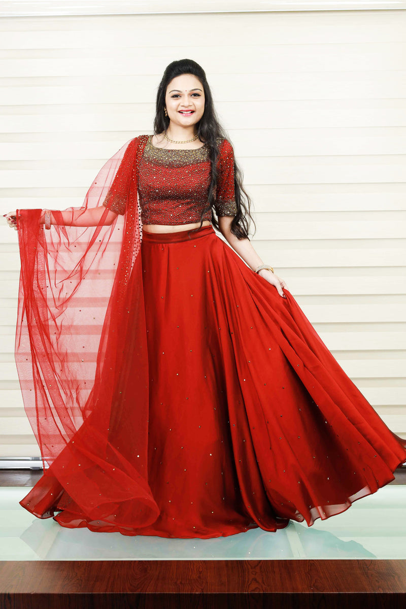 Heavy Ruby Red Lehenga with Cut Bead Embroidery & Real Mirror Highlights