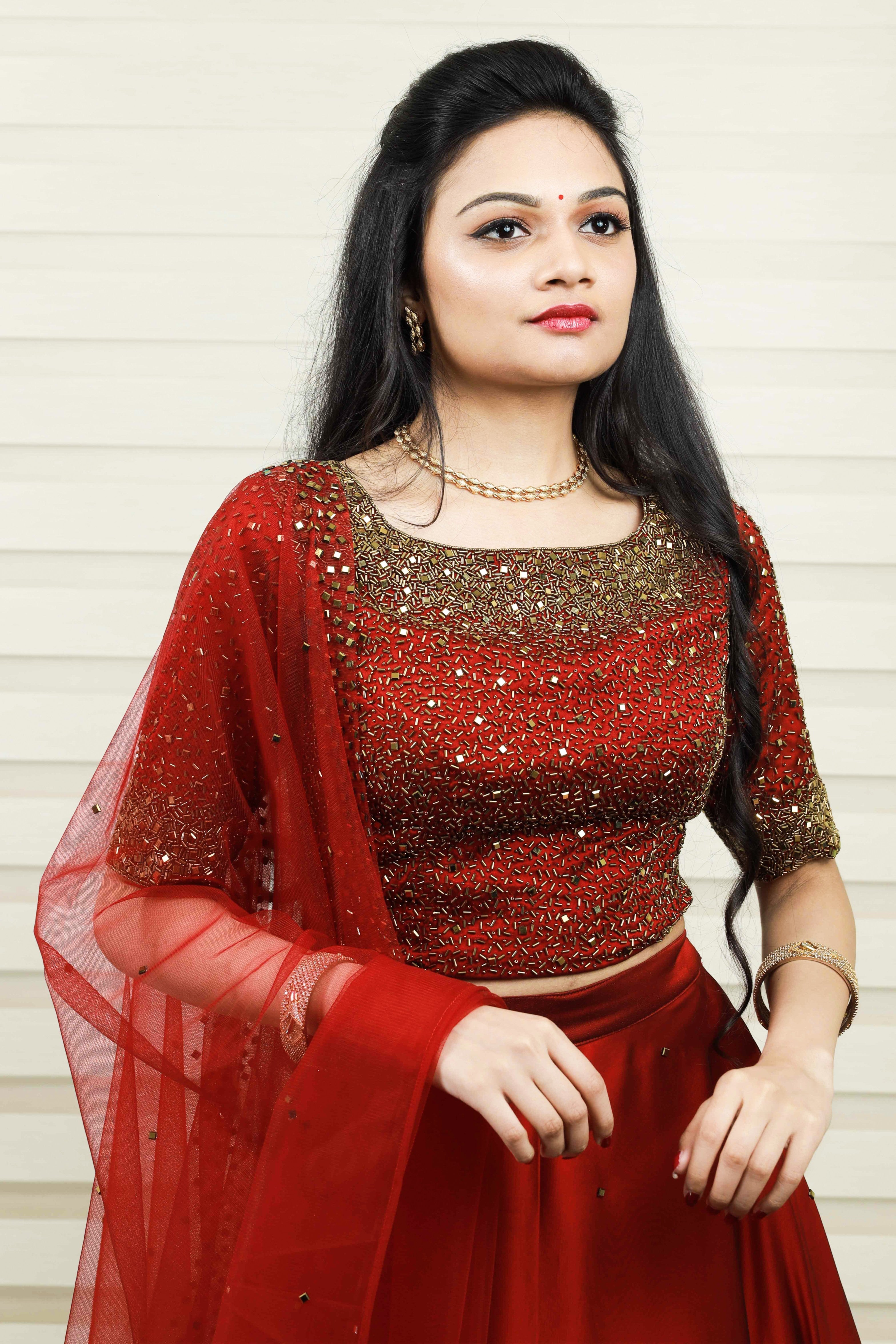 Heavy Ruby Red Lehenga with Cut Bead Embroidery & Real Mirror Highlights