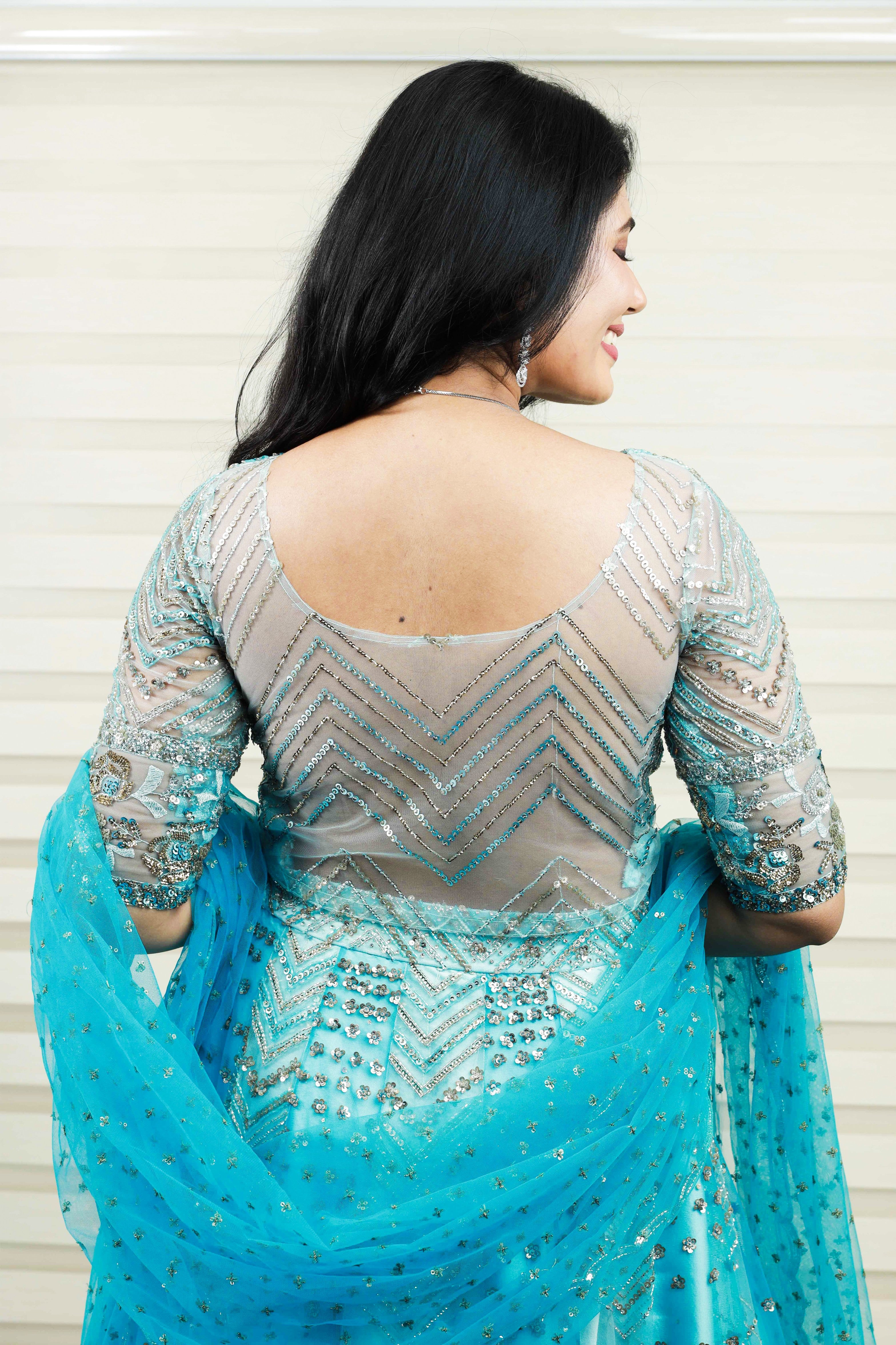 Electric Blue Lehenga Detailed in Gold & Silver Metalic Sequence Work