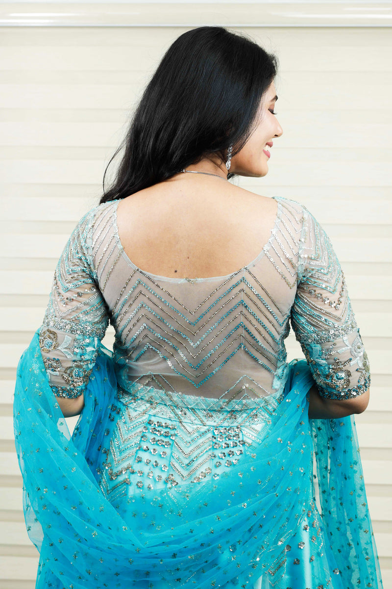Electric Blue Lehenga Detailed in Gold & Silver Metalic Sequence Work
