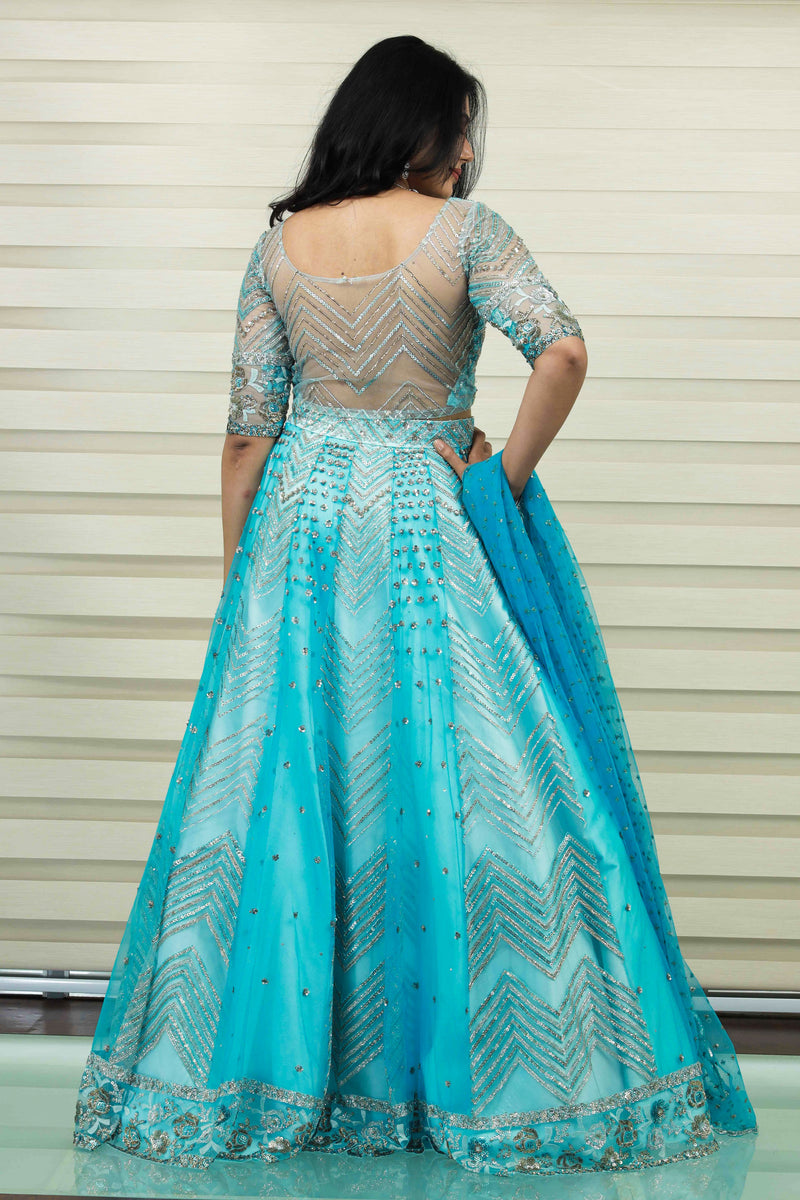 Electric Blue Lehenga Detailed in Gold & Silver Metalic Sequence Work