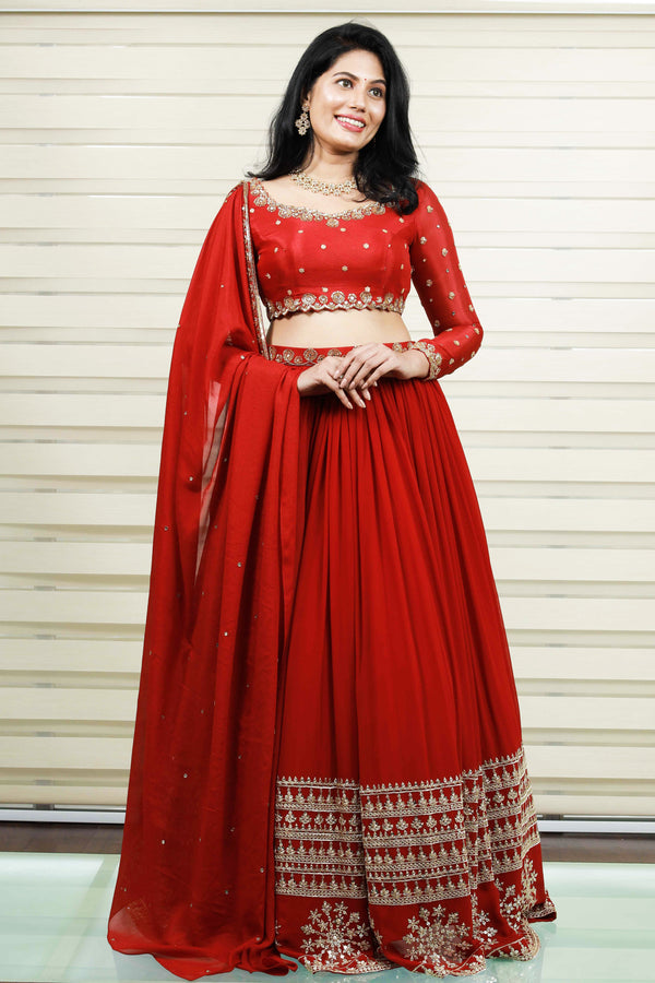 Cherry Red Lehenga Detailed with Golden Sequence & Thread Embroidery