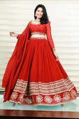 Cherry Red Lehenga Detailed with Golden Sequence & Thread Embroidery