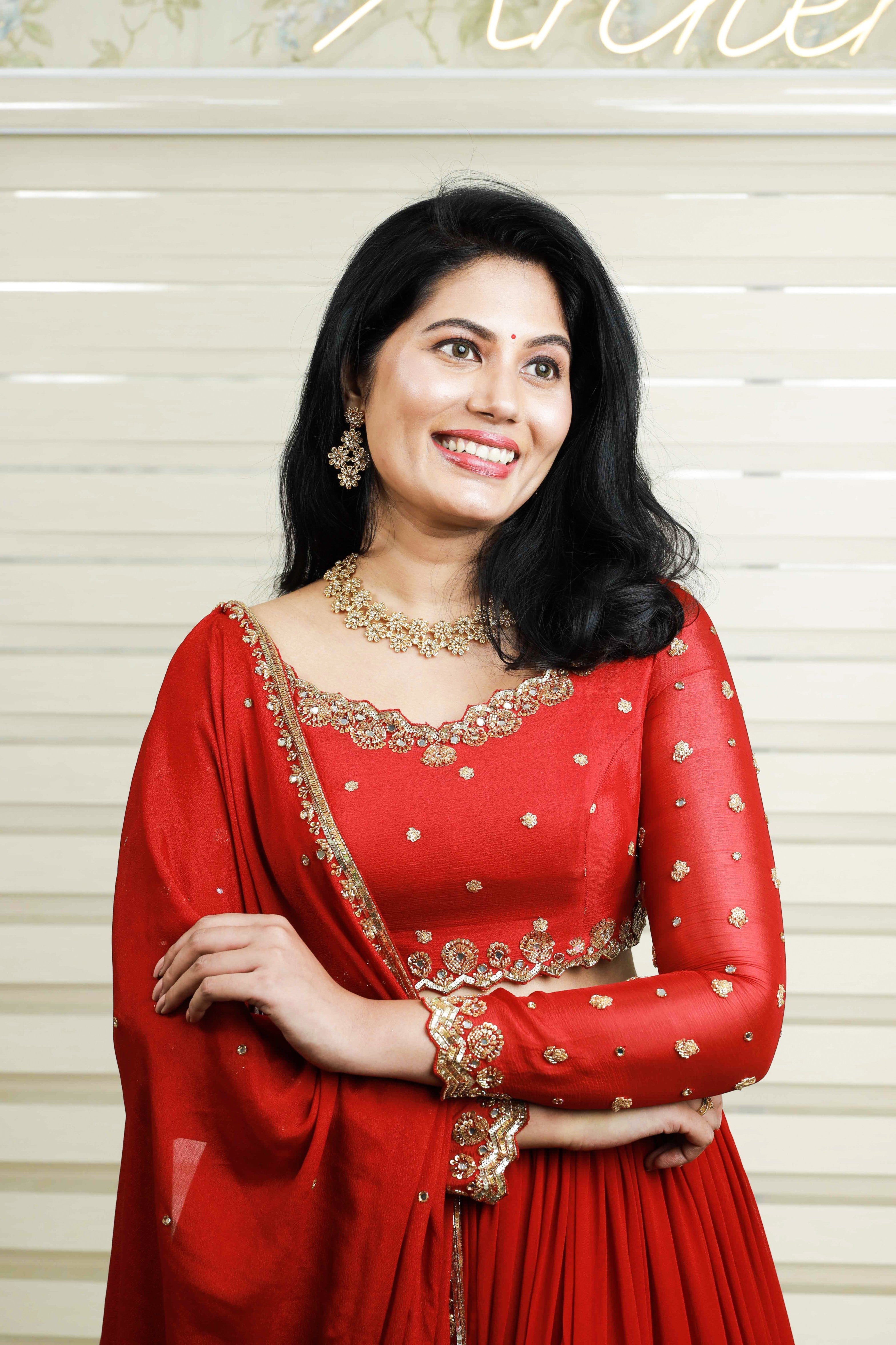 Cherry Red Lehenga Detailed with Golden Sequence & Thread Embroidery