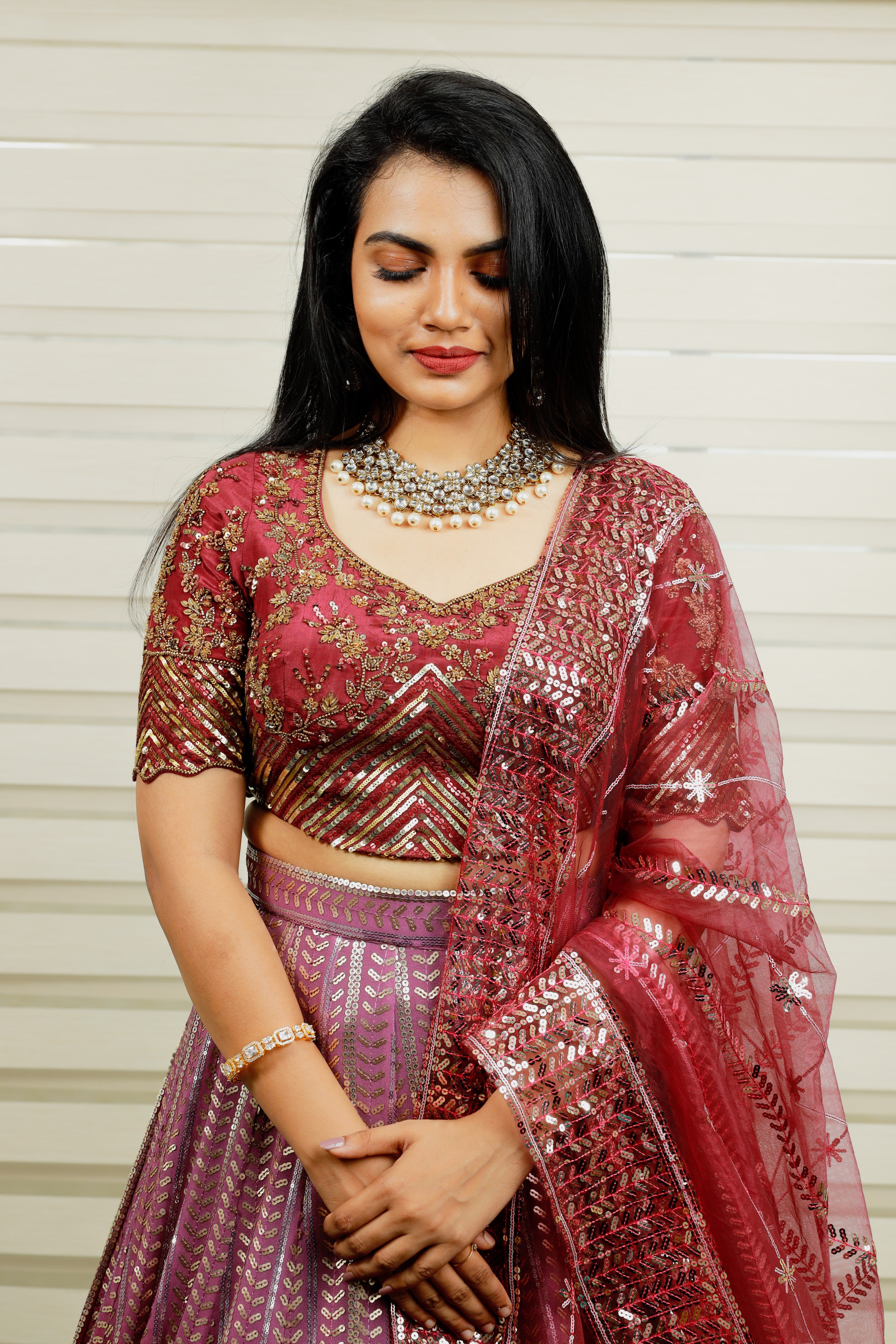 Heavy Embroidered Ombre Bridal Lehenga Detailed with Golden Floral & Geometrical Hand Work
