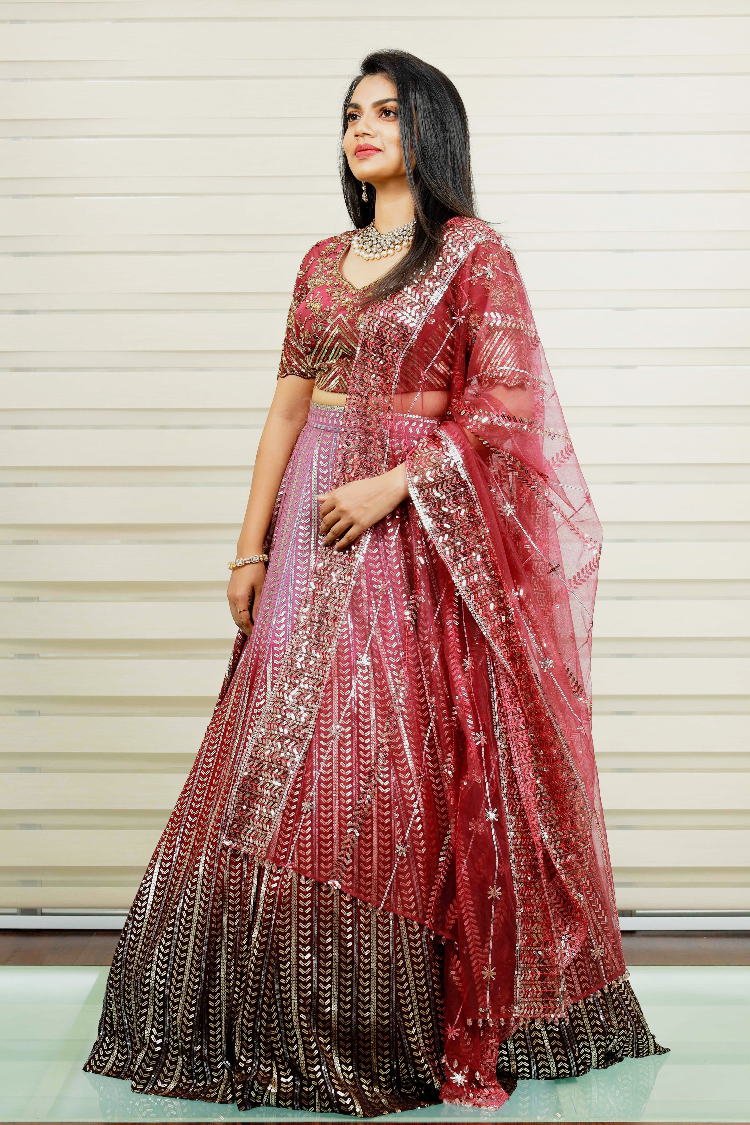 Heavy Embroidered Ombre Bridal Lehenga Detailed with Golden Floral & Geometrical Hand Work