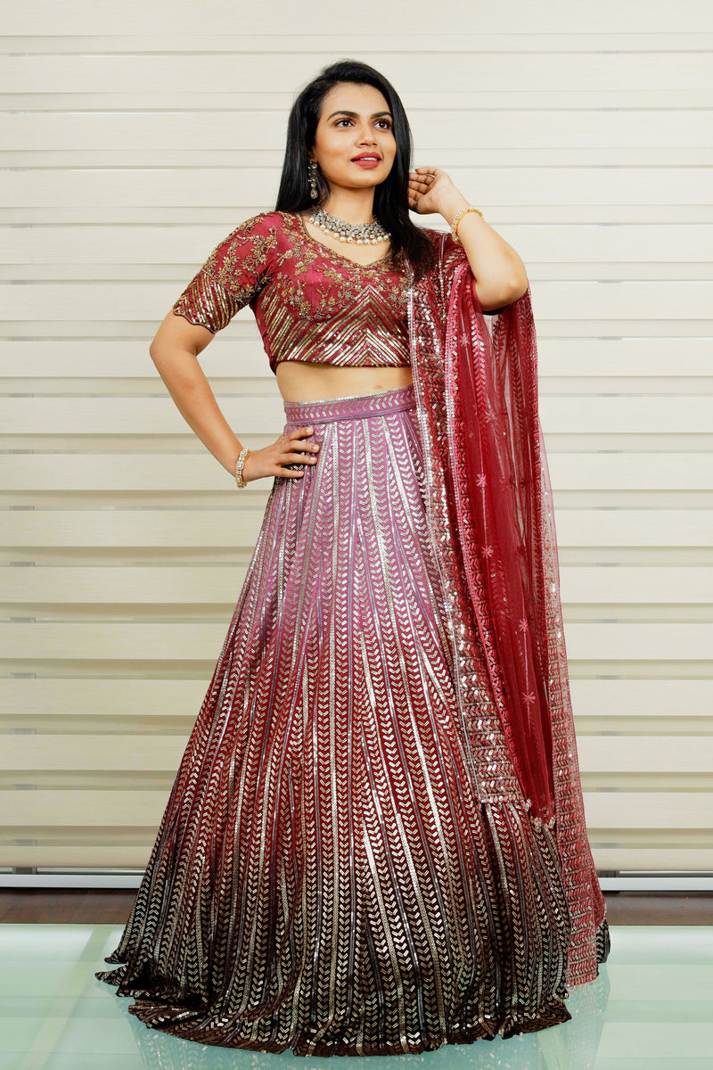 Heavy Embroidered Ombre Bridal Lehenga Detailed with Golden Floral & Geometrical Hand Work