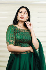 Dark Green Boat Neck Lehenga Detailed with Golden Bead Embroidery