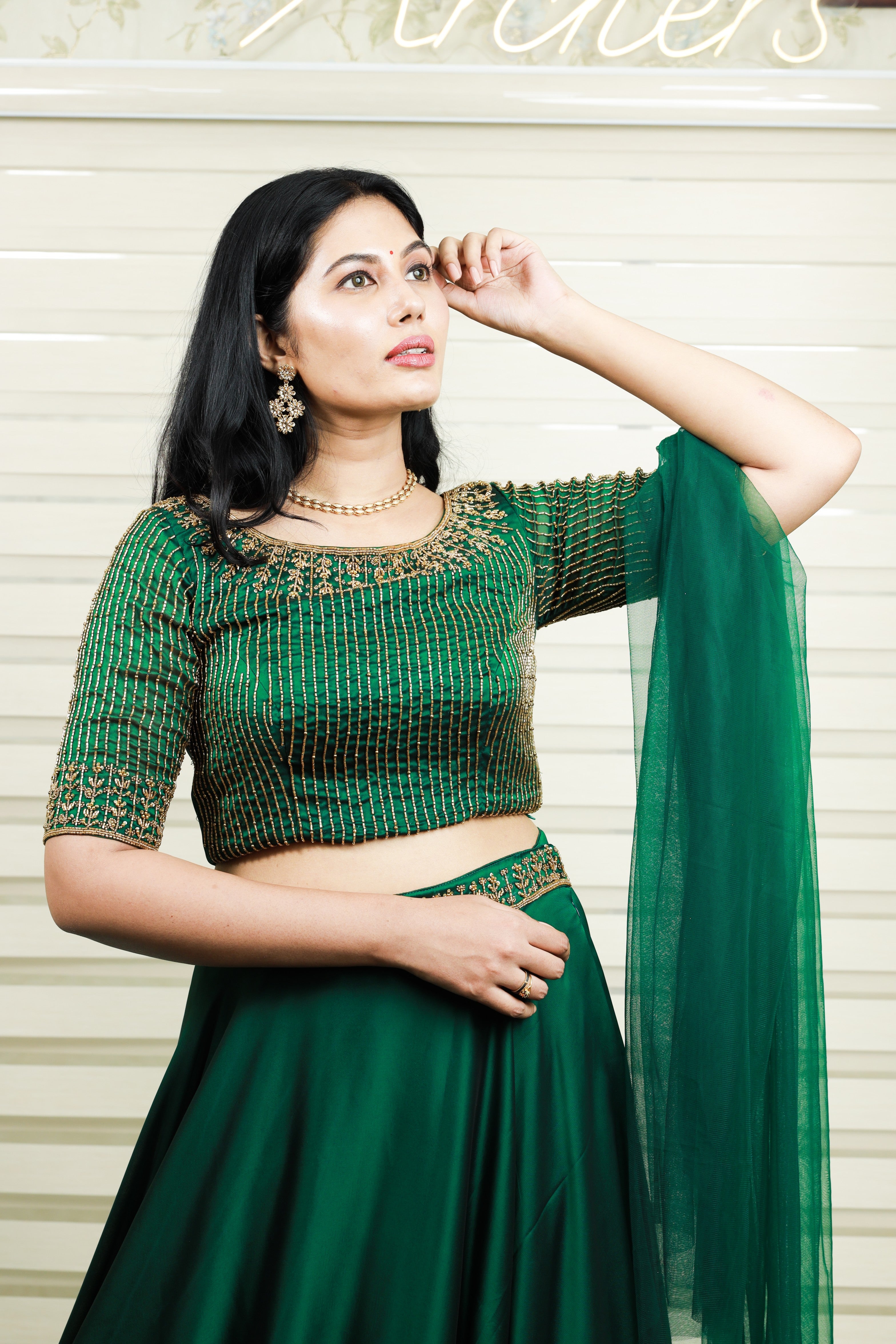 Dark Green Boat Neck Lehenga Detailed with Golden Bead Embroidery