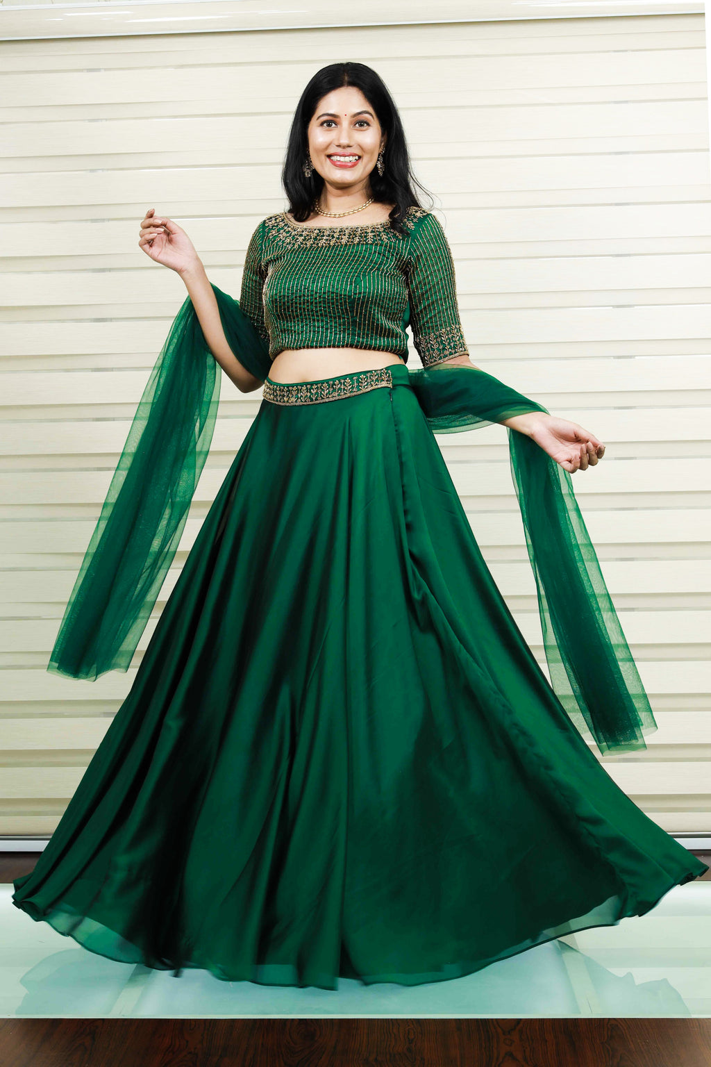 Dark Green and Gold Embroidered Net Lehenga | Party wear lehenga, Indian  fashion, Green lehenga