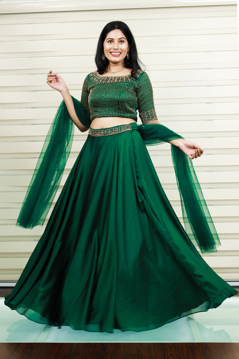 Dark Green Boat Neck Lehenga Detailed with Golden Bead Embroidery –  archerslounge