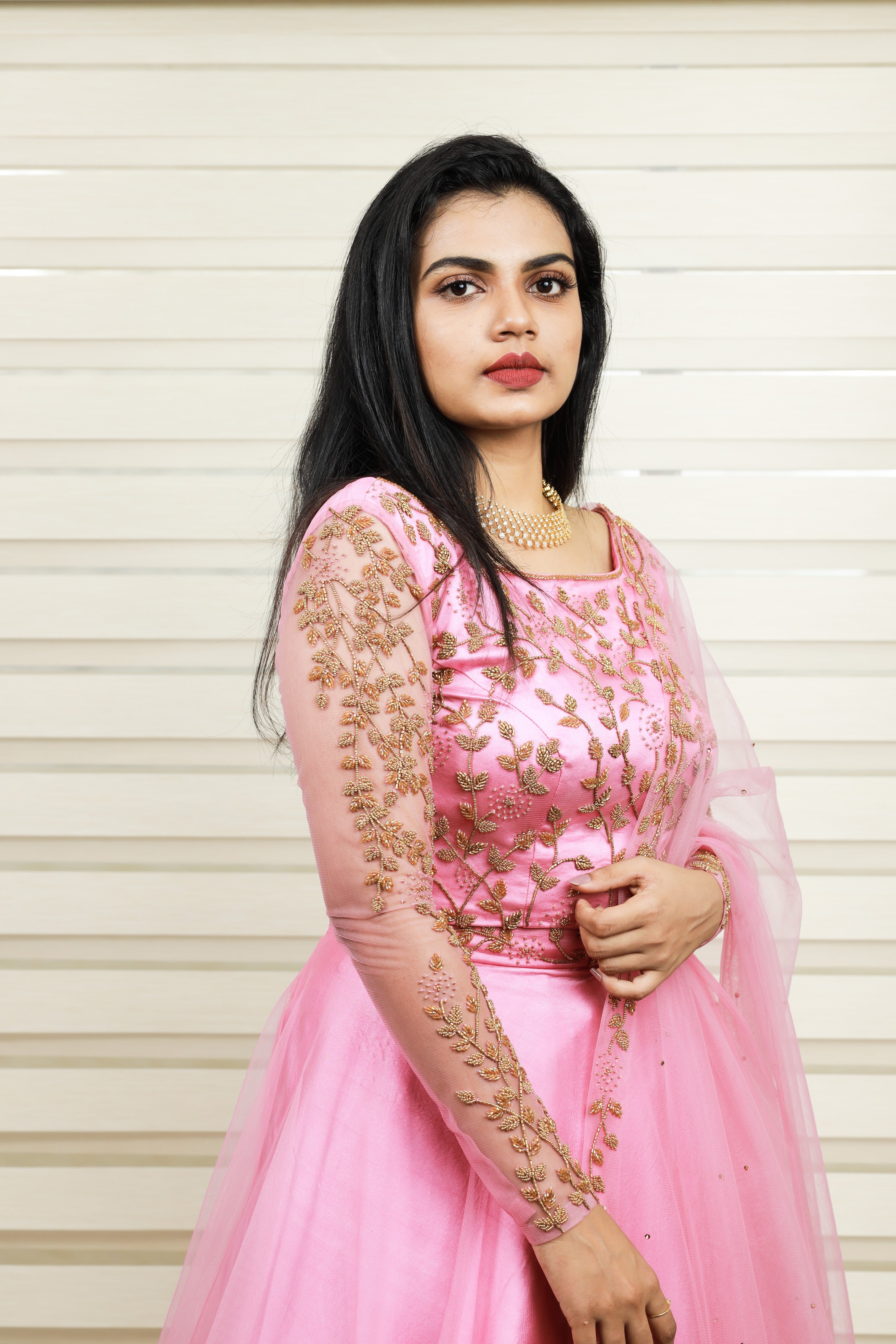 Ballet Pink Lehenga Detailed with Golden Bead Work