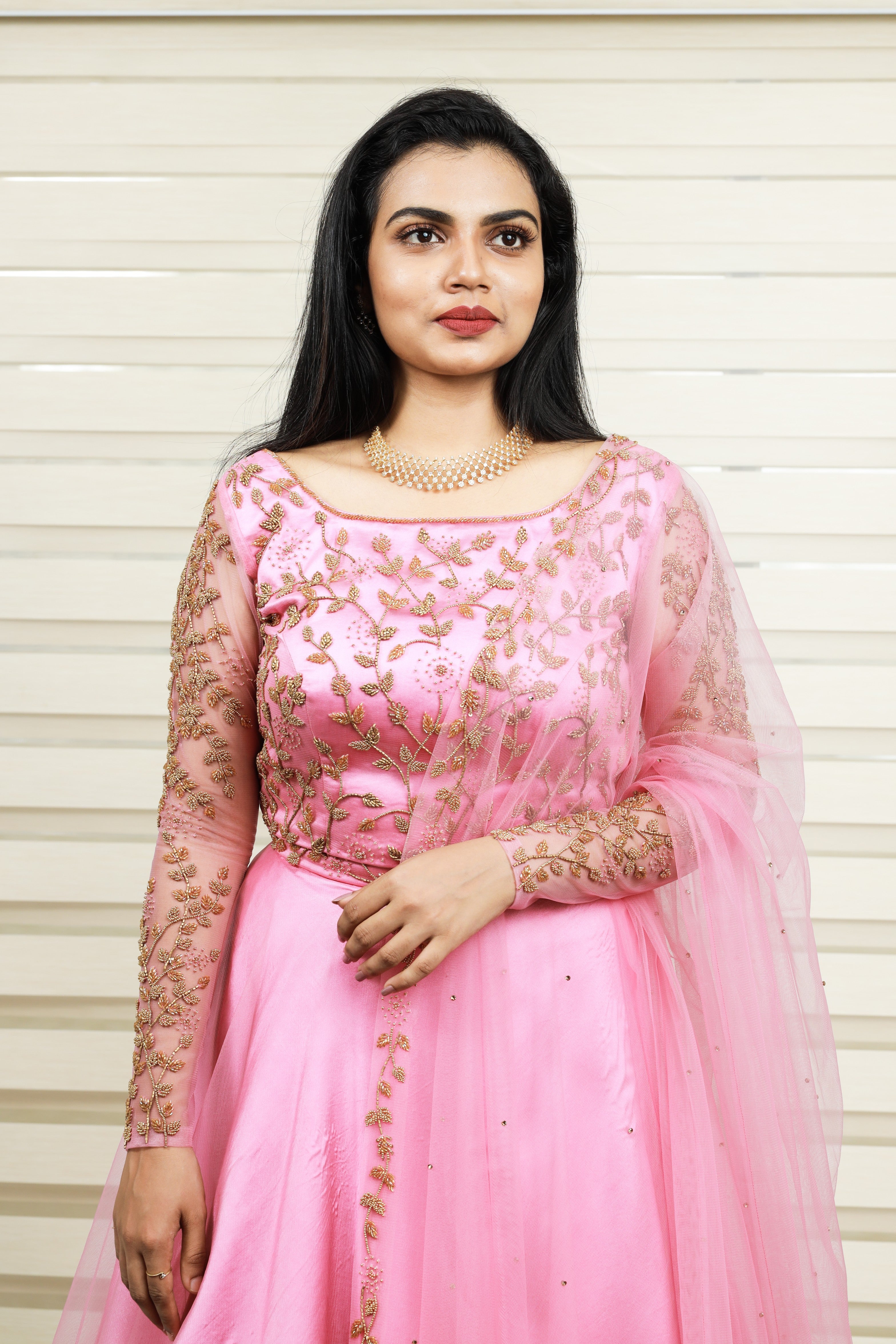 Ballet Pink Lehenga Detailed with Golden Bead Work