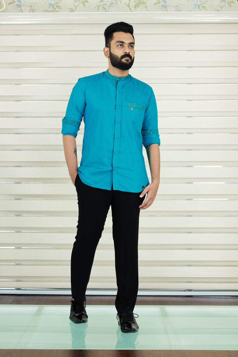 Teal Blue Chinese Collar Shirt with  Graffiti Blue Detailing on Neck, Pocket & Sleeves (Only Shirt)
