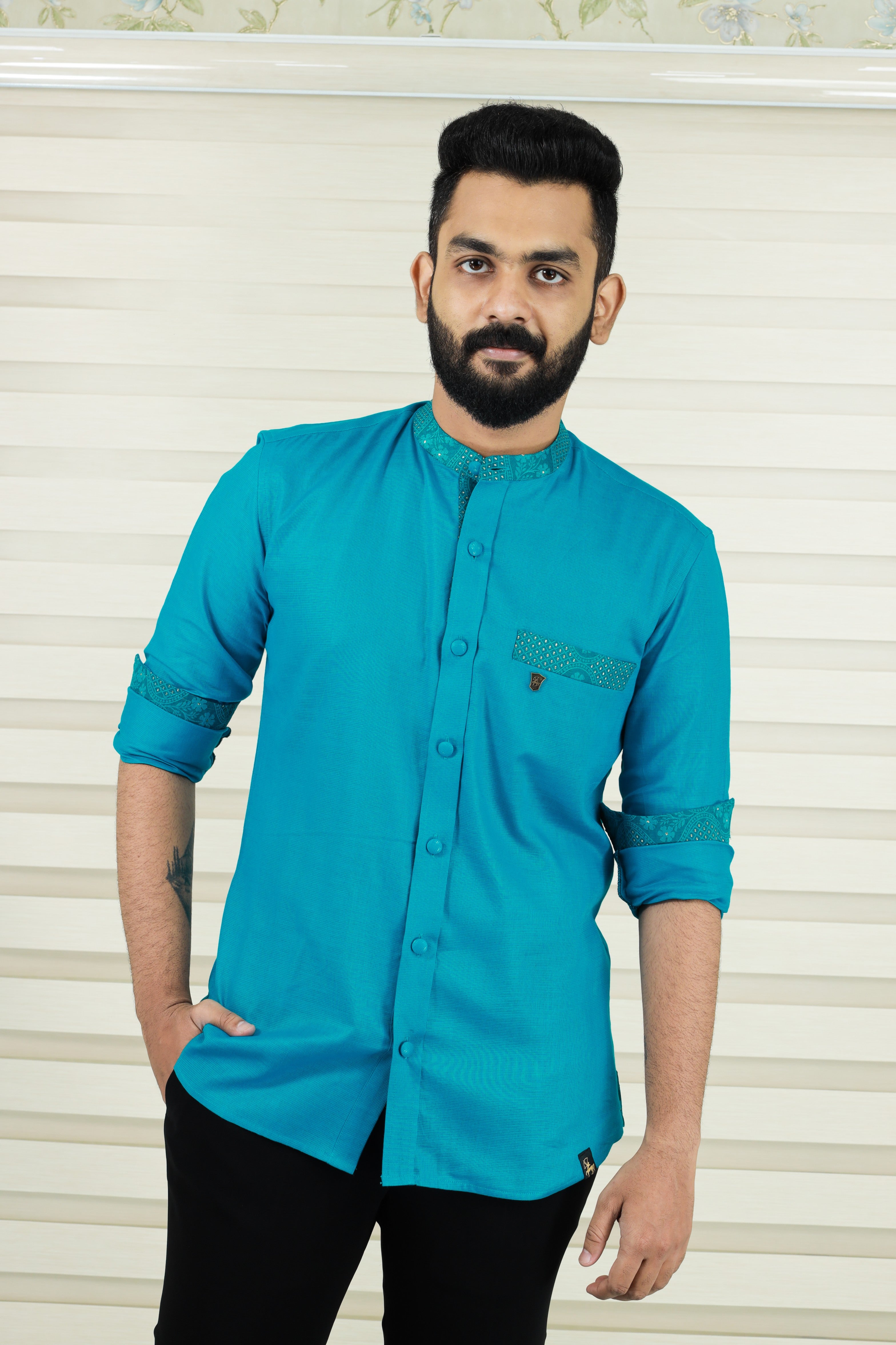Teal Blue Chinese Collar Shirt with  Graffiti Blue Detailing on Neck, Pocket & Sleeves (Only Shirt)