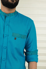 Teal Blue Chinese Collar Shirt with  Graffiti Blue Detailing on Neck, Pocket & Sleeves (Shirt + Black Pants)