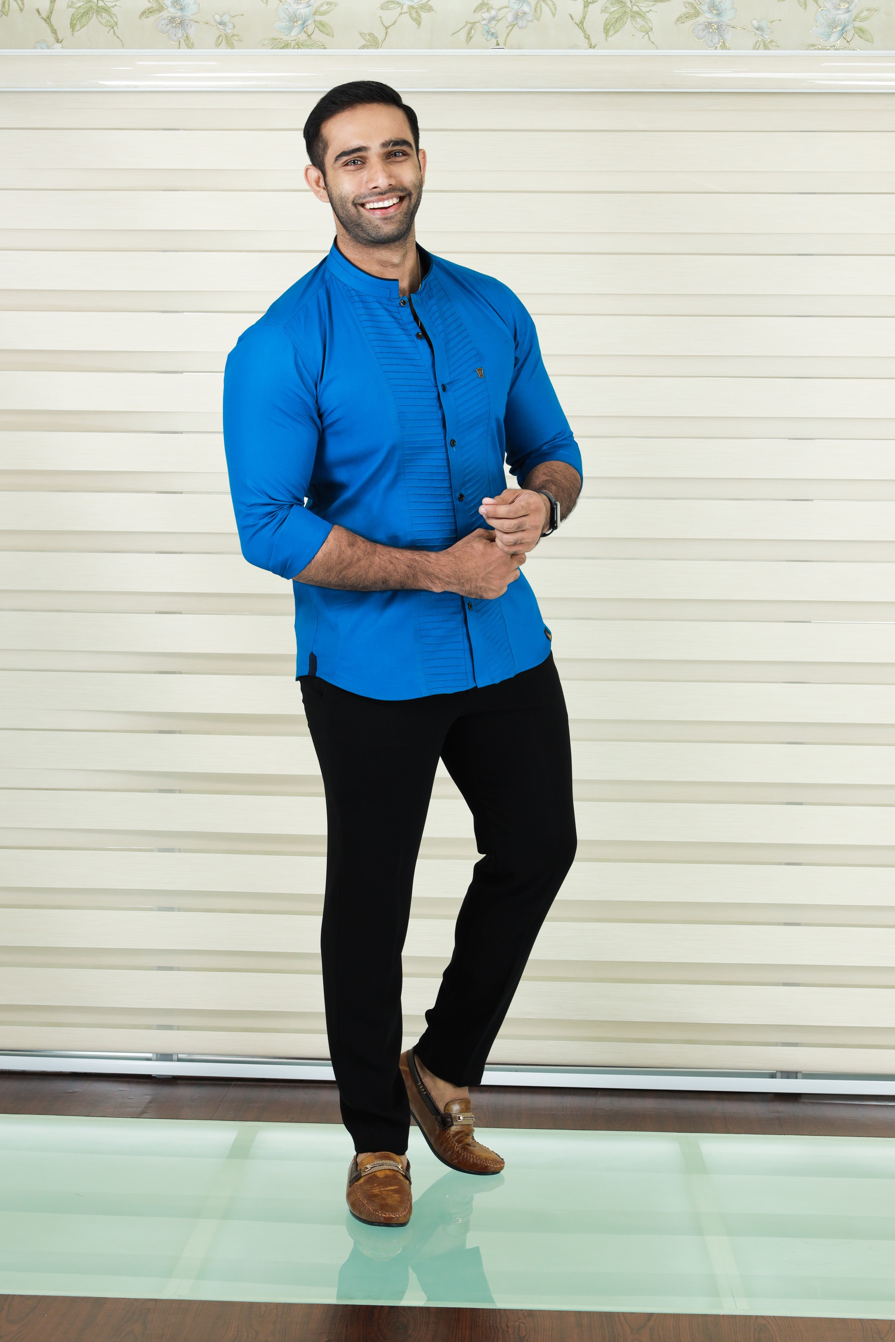 Saphire Blue Shirt with  Diagonal Tucks Detailing (Shirt + Black Pants)