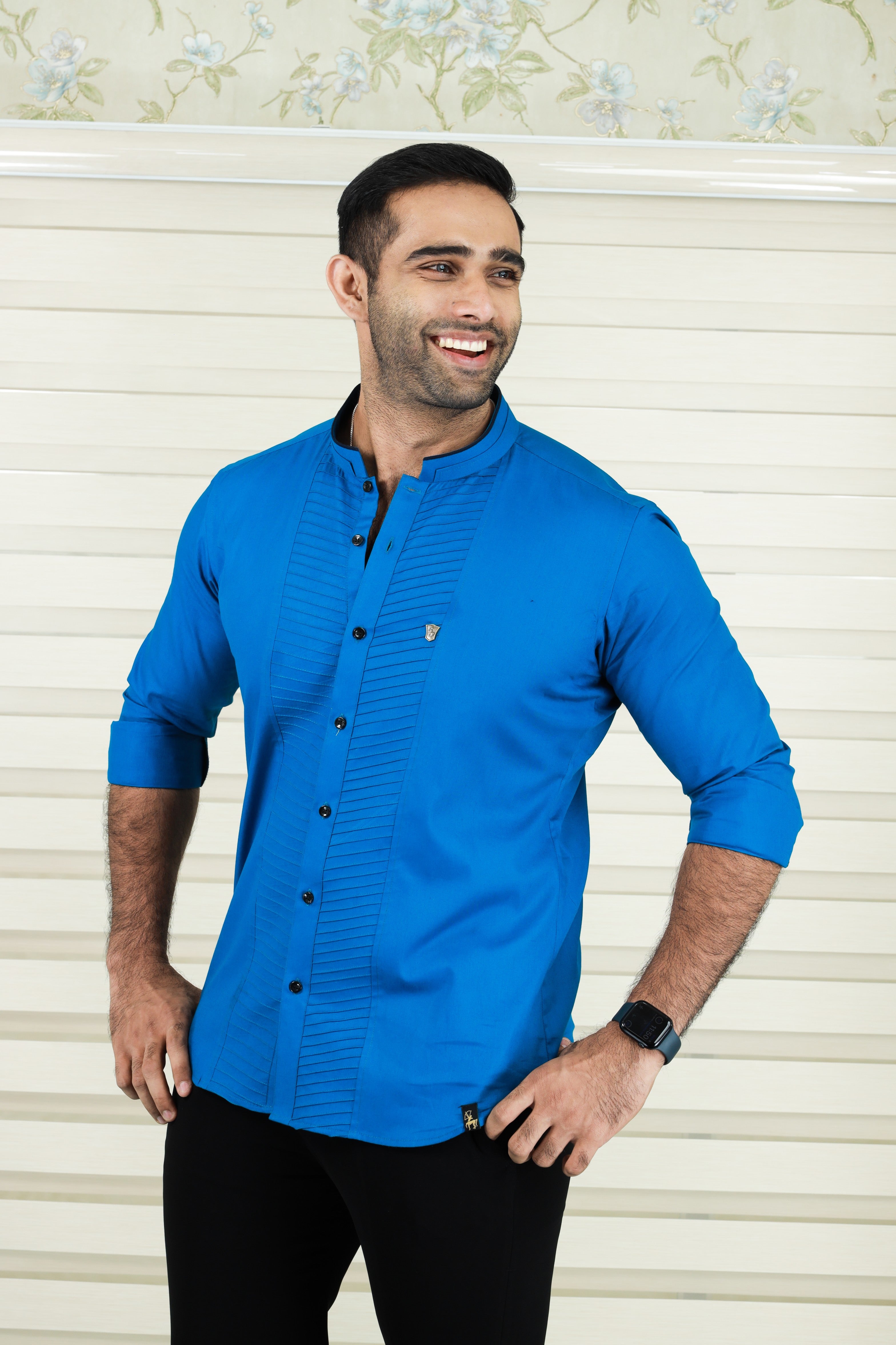 Saphire Blue Shirt with  Diagonal Tucks Detailing (Shirt + Black Pants)