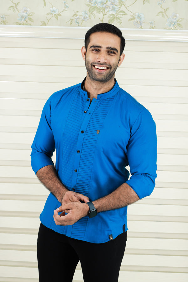 Saphire Blue Shirt with  Diagonal Tucks Detailing (Only Shirt)