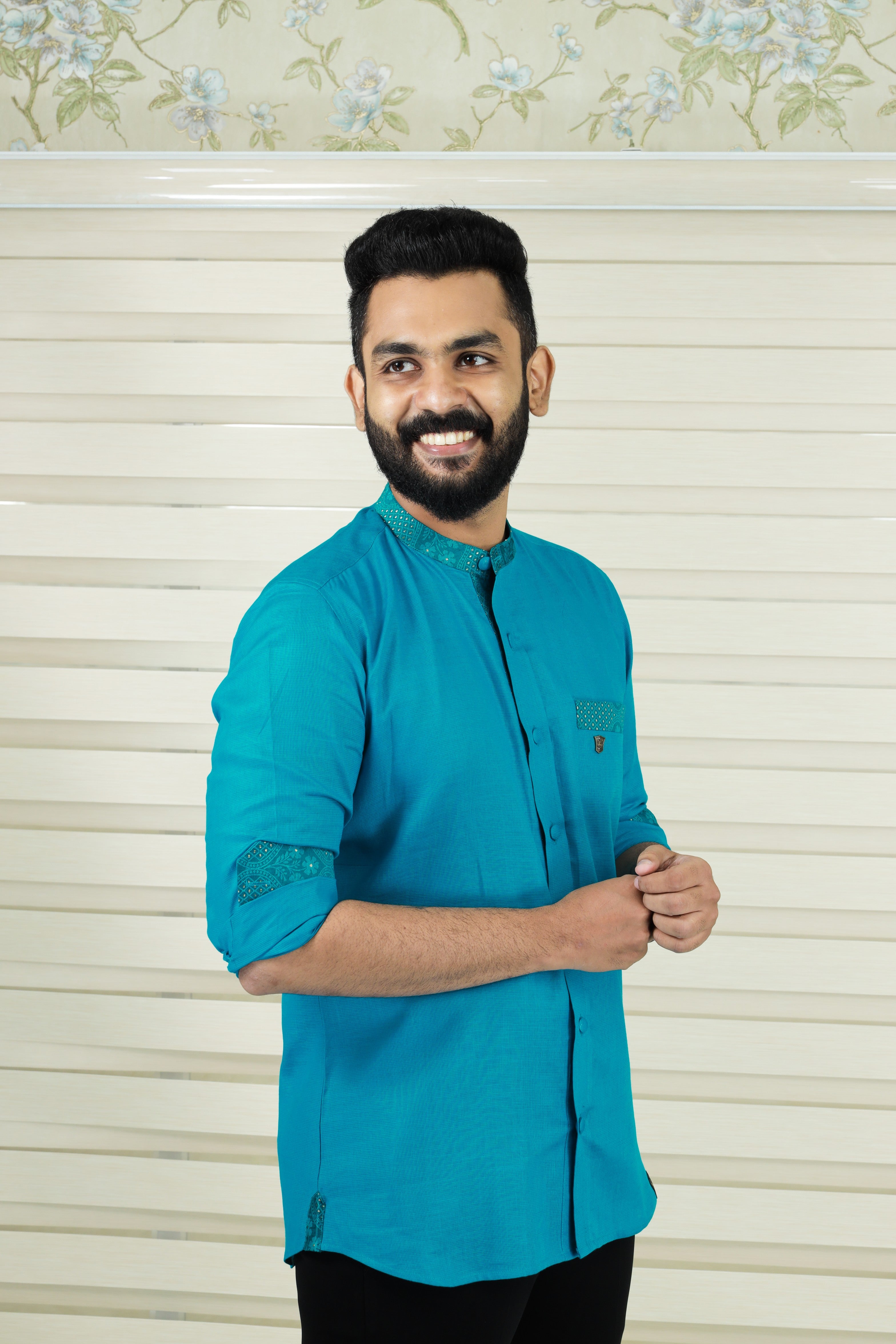 Teal Blue Chinese Collar Shirt with  Graffiti Blue Detailing on Neck, Pocket & Sleeves (Only Shirt)