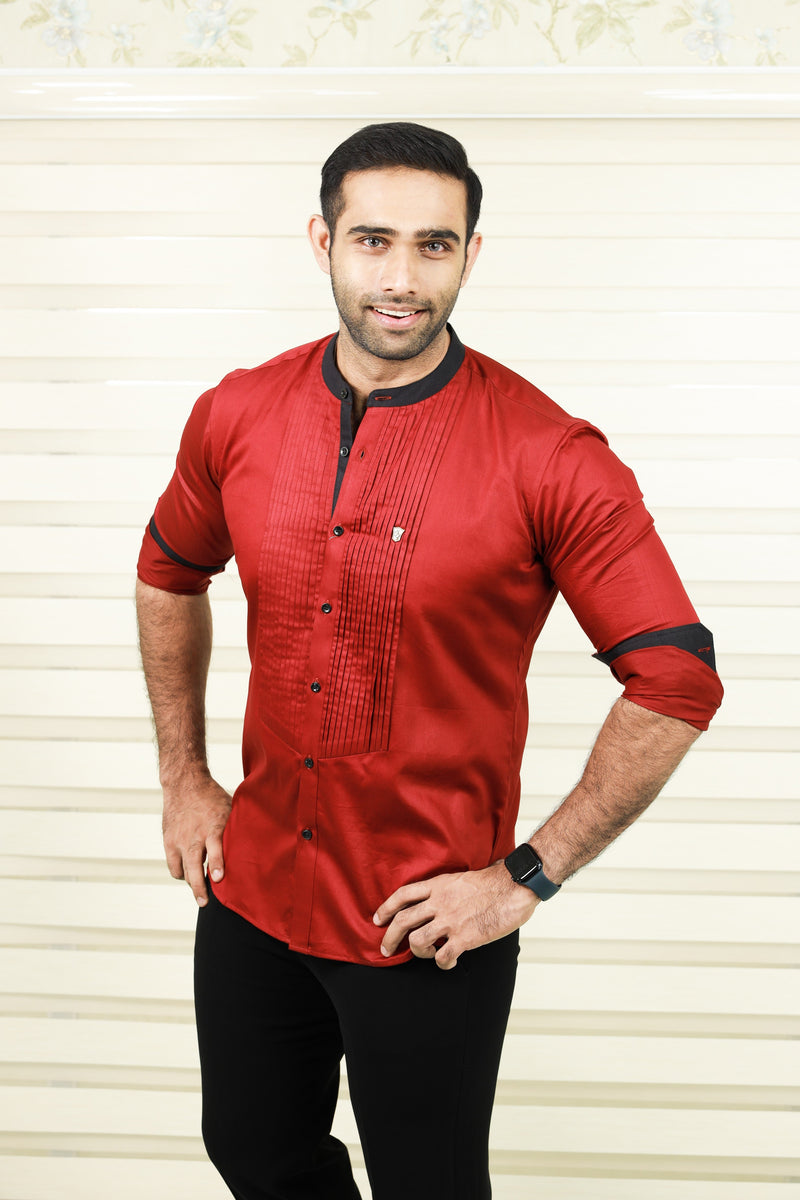 Cherry Red Vertical Pleated Shirt with Black Detailing on Neck, Cuff & Placket (Shirt + Black Pants)