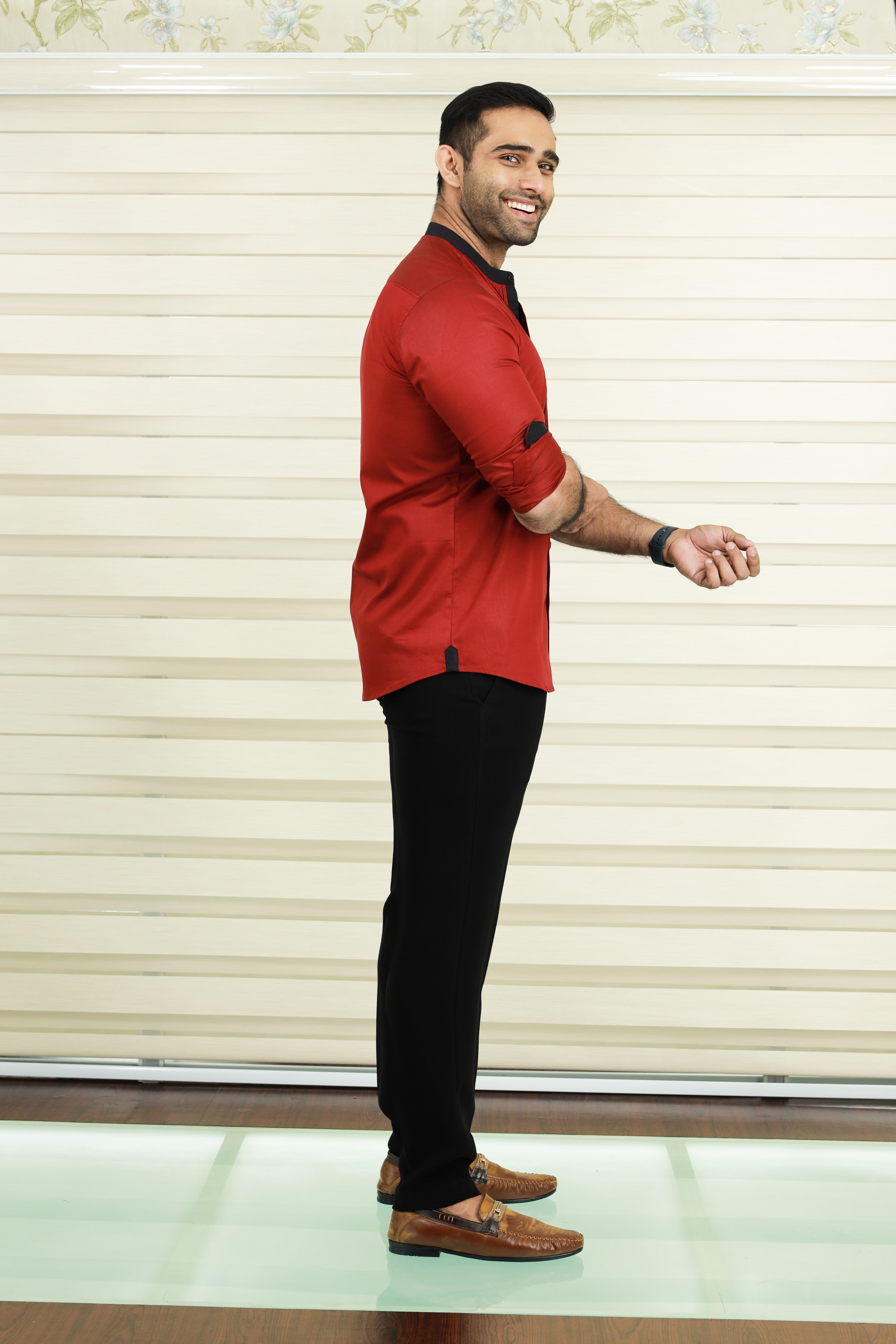 Cherry Red Vertical Pleated Shirt with Black Detailing on Neck, Cuff & Placket (Shirt + Black Pants)