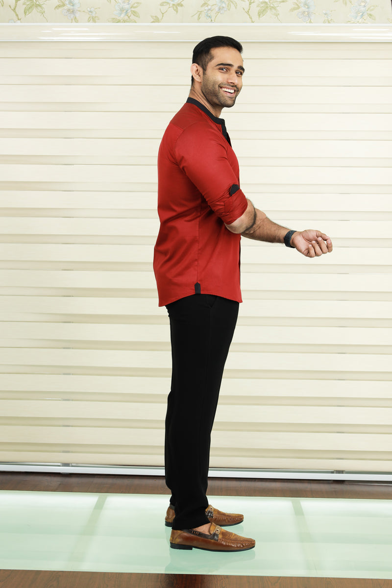 Cherry Red Vertical Pleated Shirt with Black Detailing on Neck, Cuff & Placket