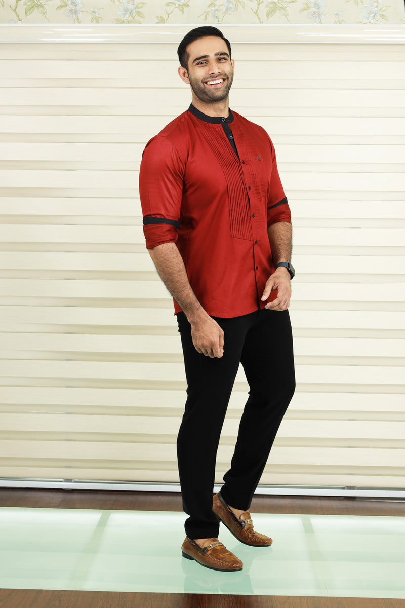 Cherry Red Vertical Pleated Shirt with Black Detailing on Neck, Cuff & Placket (Shirt + Black Pants)