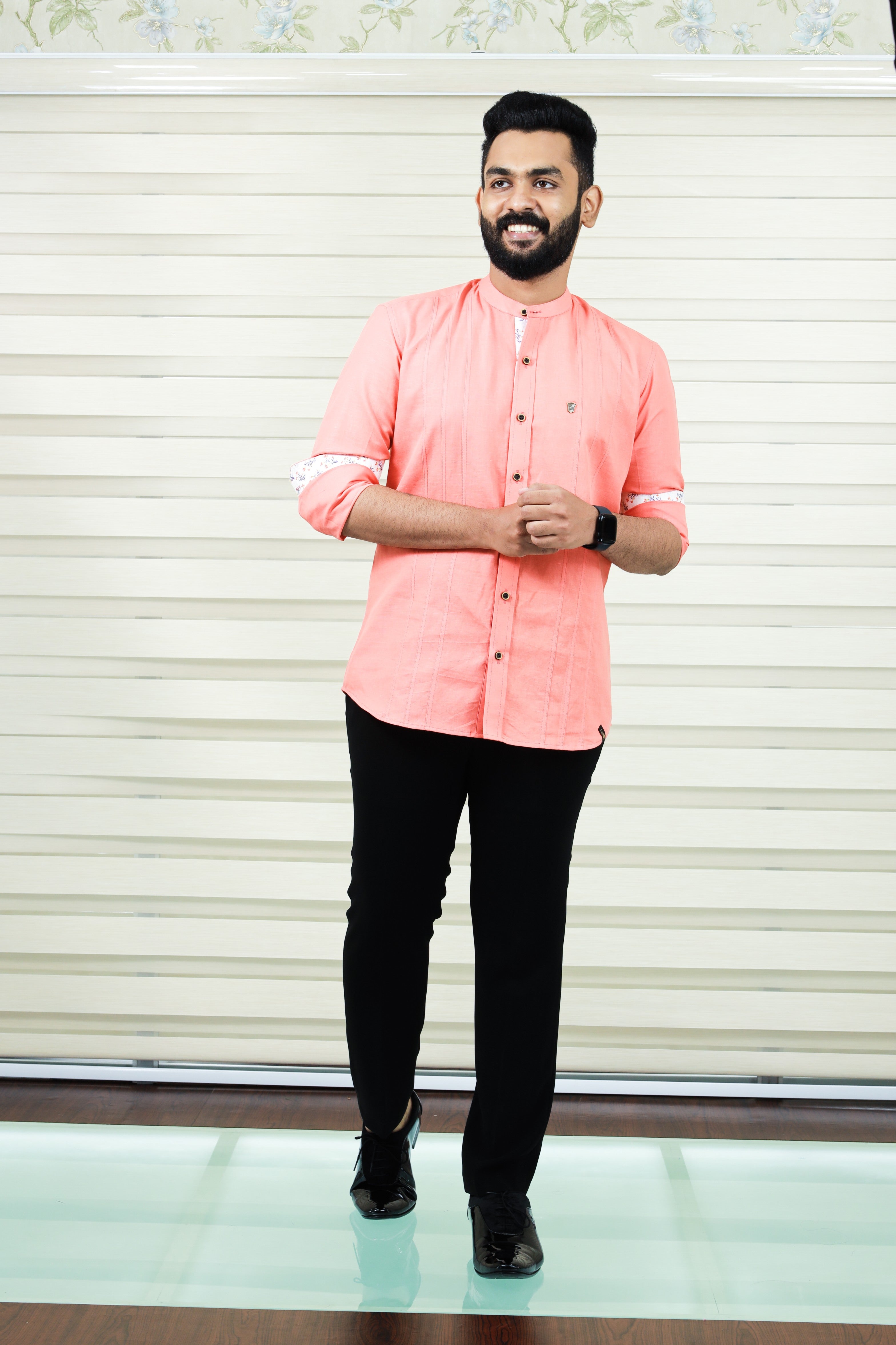 Peach Chinese Collar Linen Shirt with  Print Detailing on Neck, Placket & Sleeves (Only Shirt)