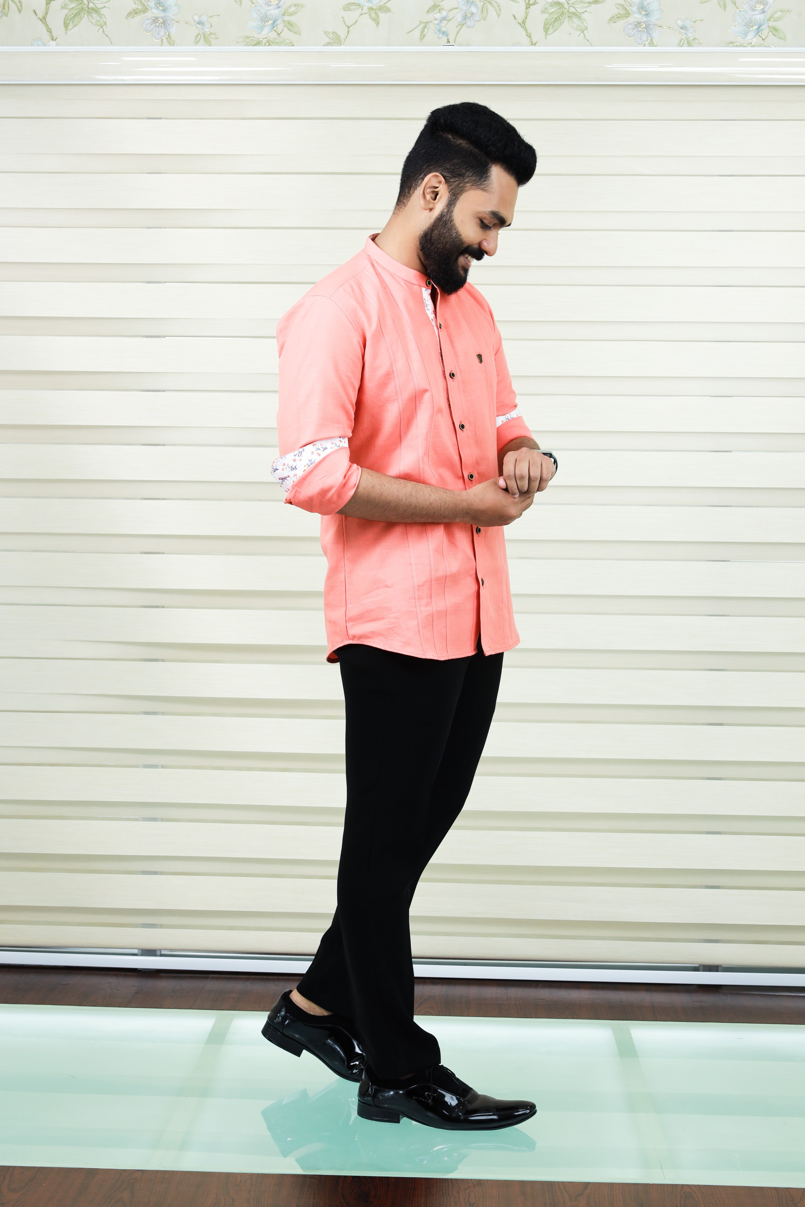 Peach Chinese Collar Linen Shirt with  Print Detailing on Neck, Placket & Sleeves (Only Shirt)