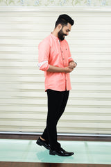 Peach Chinese Collar Linen Shirt with  Print Detailing on Neck, Placket & Sleeves (Shirt + Black Pants)
