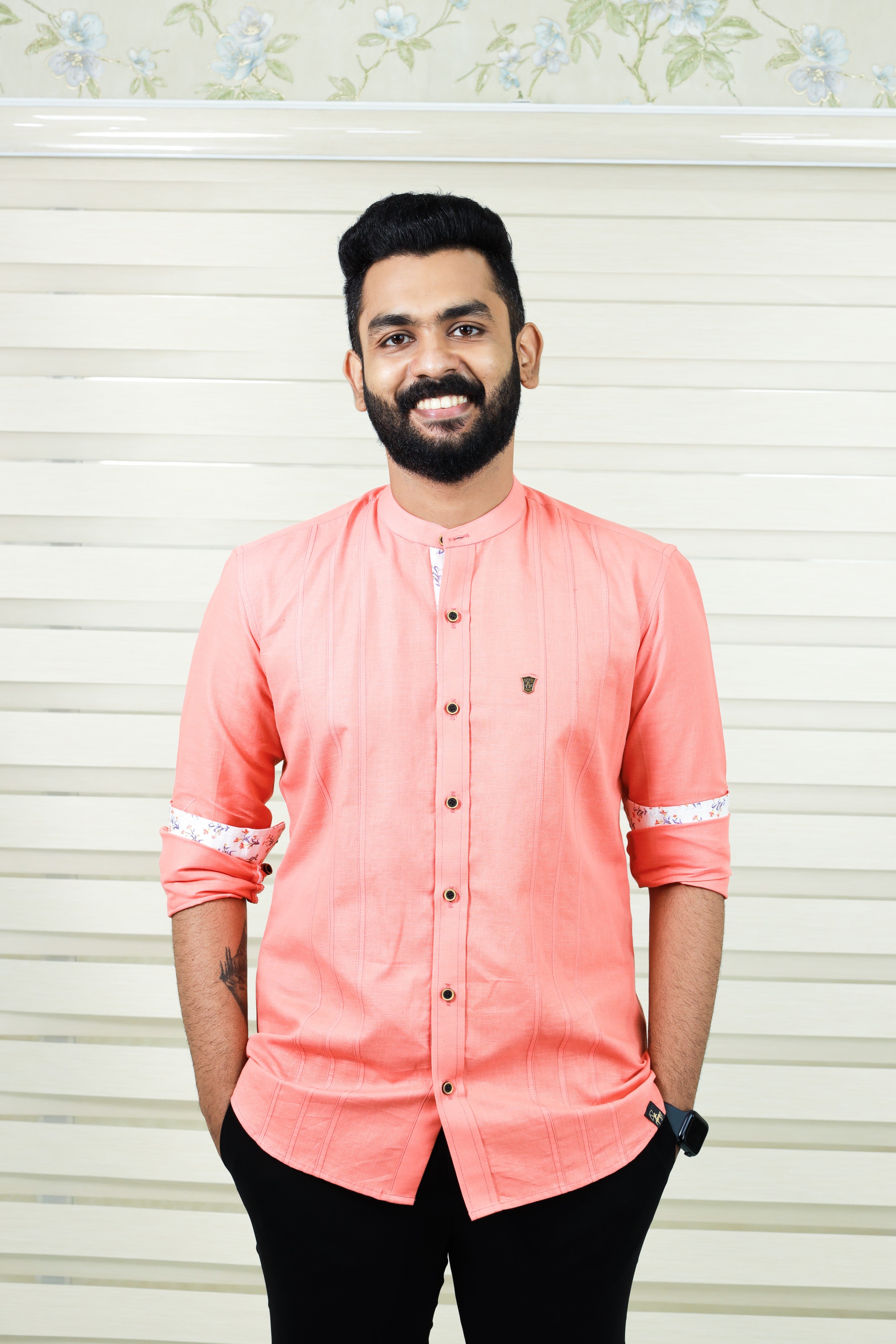 Peach Chinese Collar Linen Shirt with  Print Detailing on Neck, Placket & Sleeves (Only Shirt)