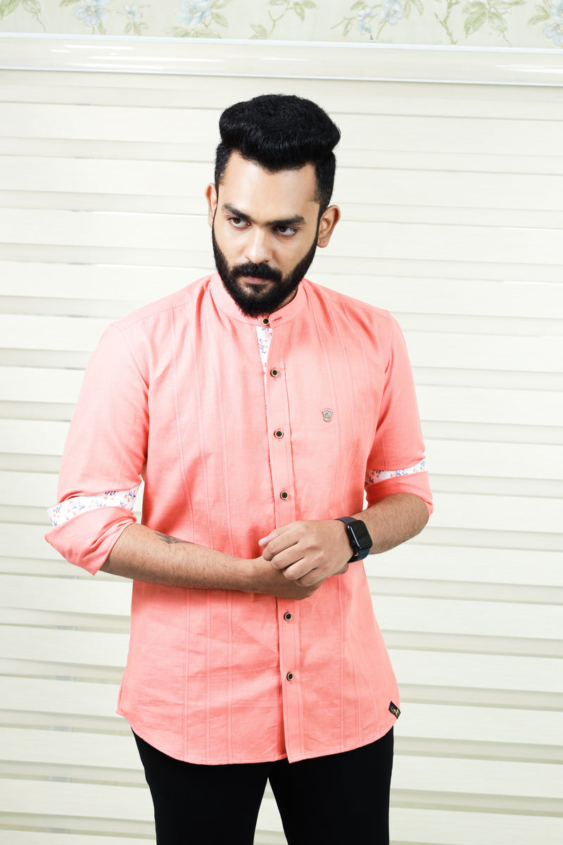Peach Chinese Collar Linen Shirt with  Print Detailing on Neck, Placket & Sleeves (Only Shirt)