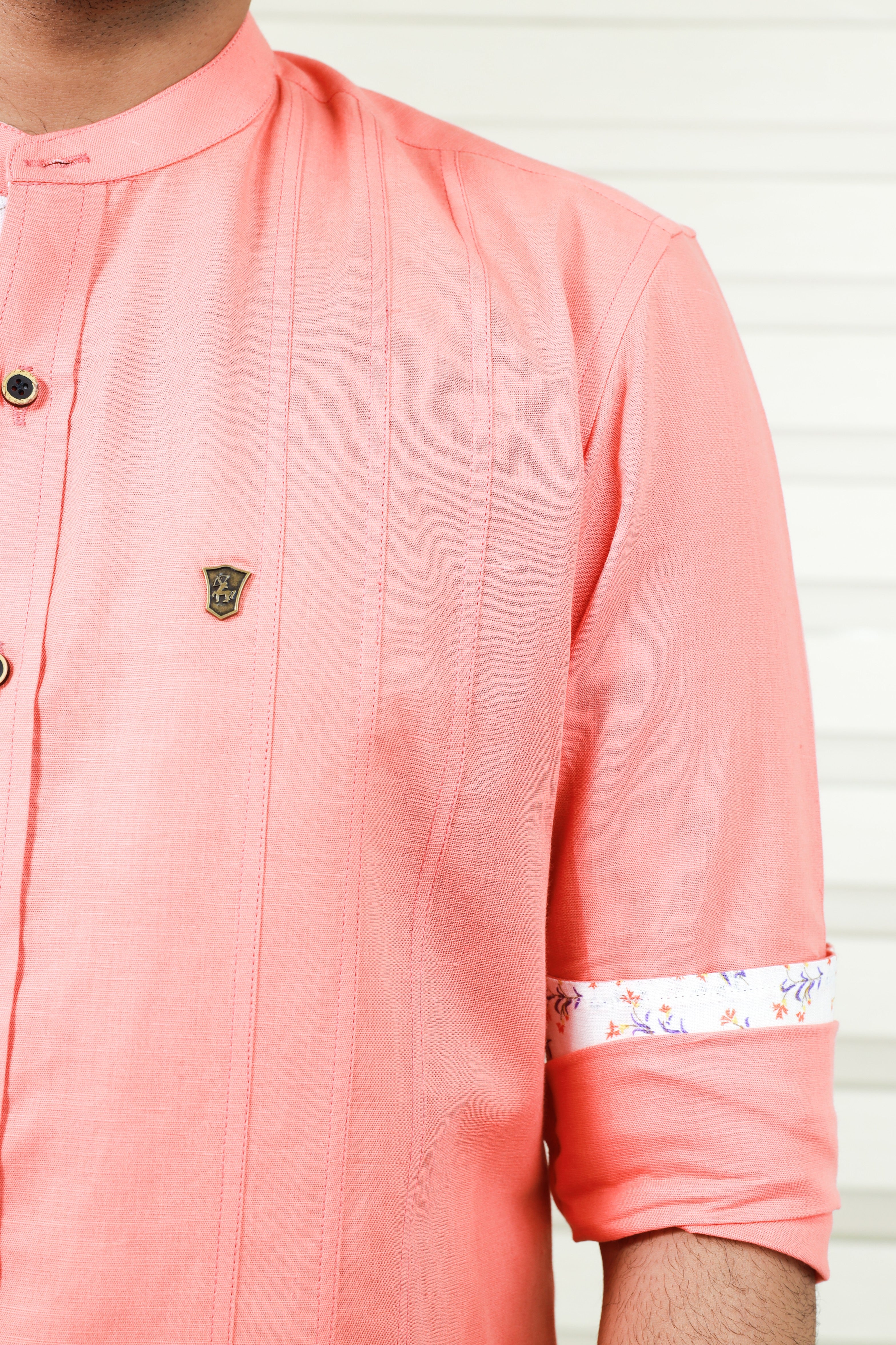 Peach Chinese Collar Linen Shirt with  Print Detailing on Neck, Placket & Sleeves (Only Shirt)