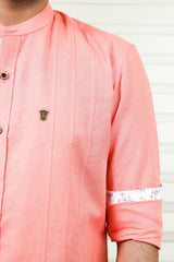 Peach Chinese Collar Linen Shirt with  Print Detailing on Neck, Placket & Sleeves (Shirt + Black Pants)