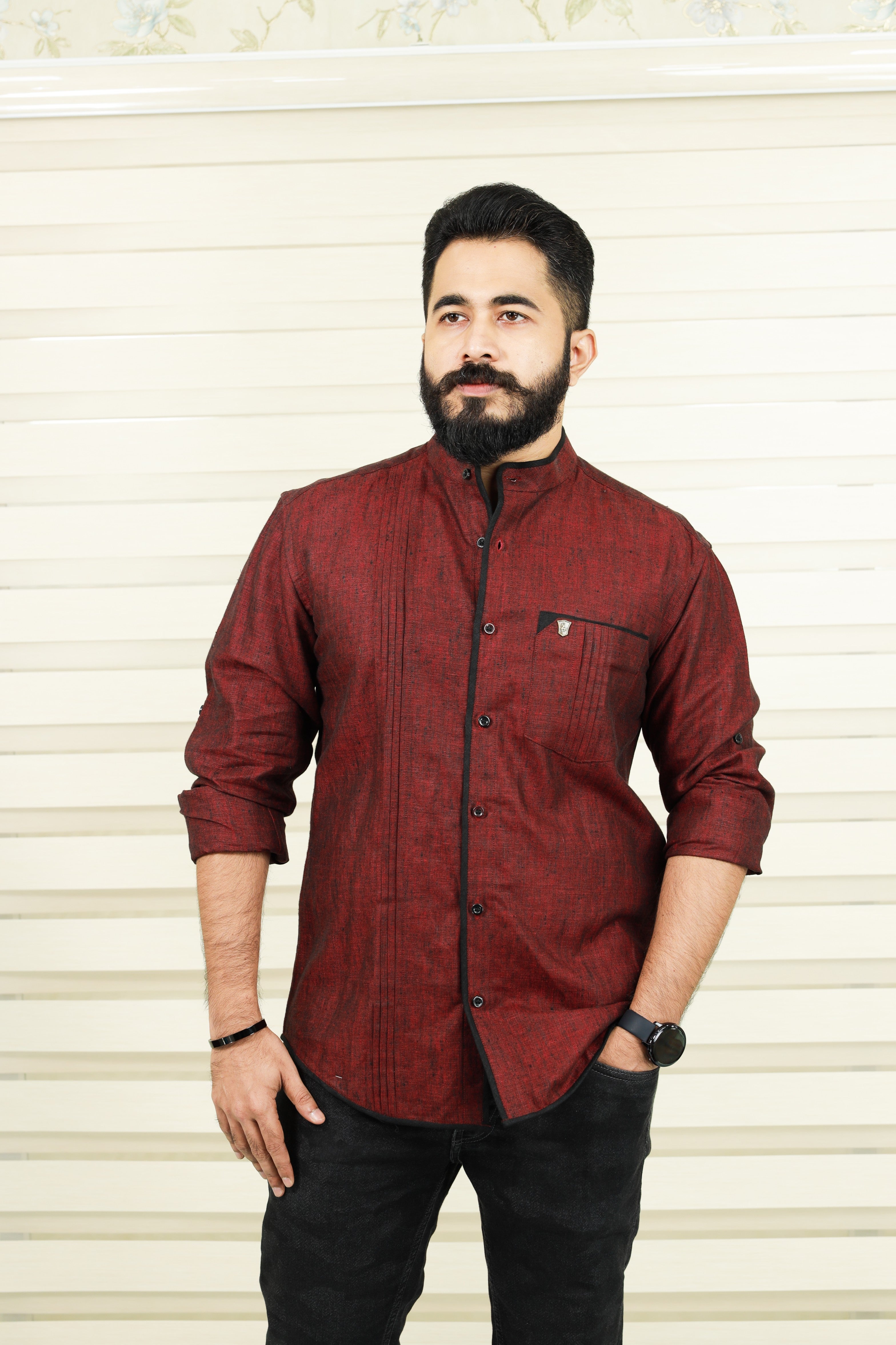Garnet Maroon Red Linen Shirt with Black Pipping Detail on Placket & Pocket (Only Shirt)